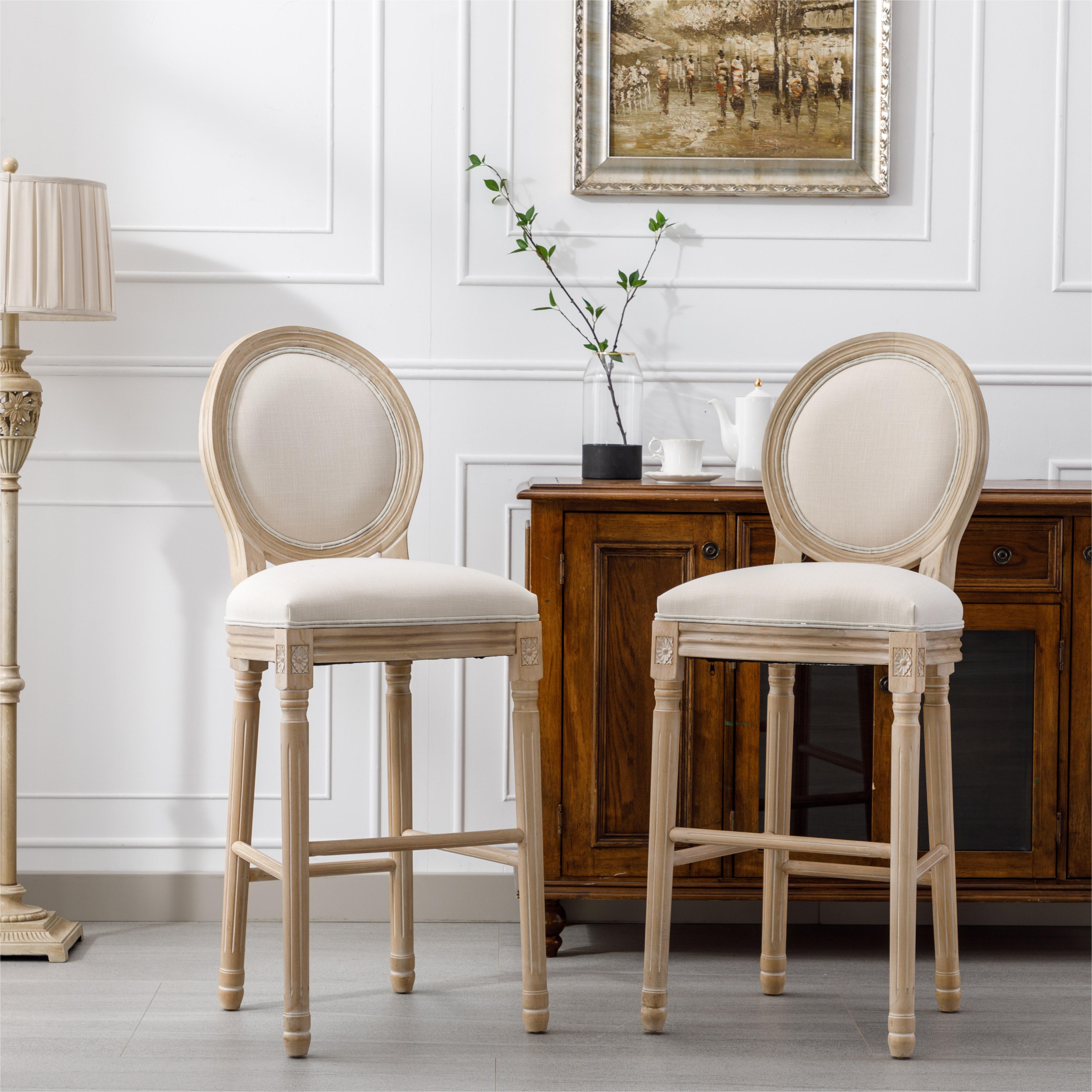 French Country Wooden Barstools With Upholstered Seating , Beige and Natural , Set of 2