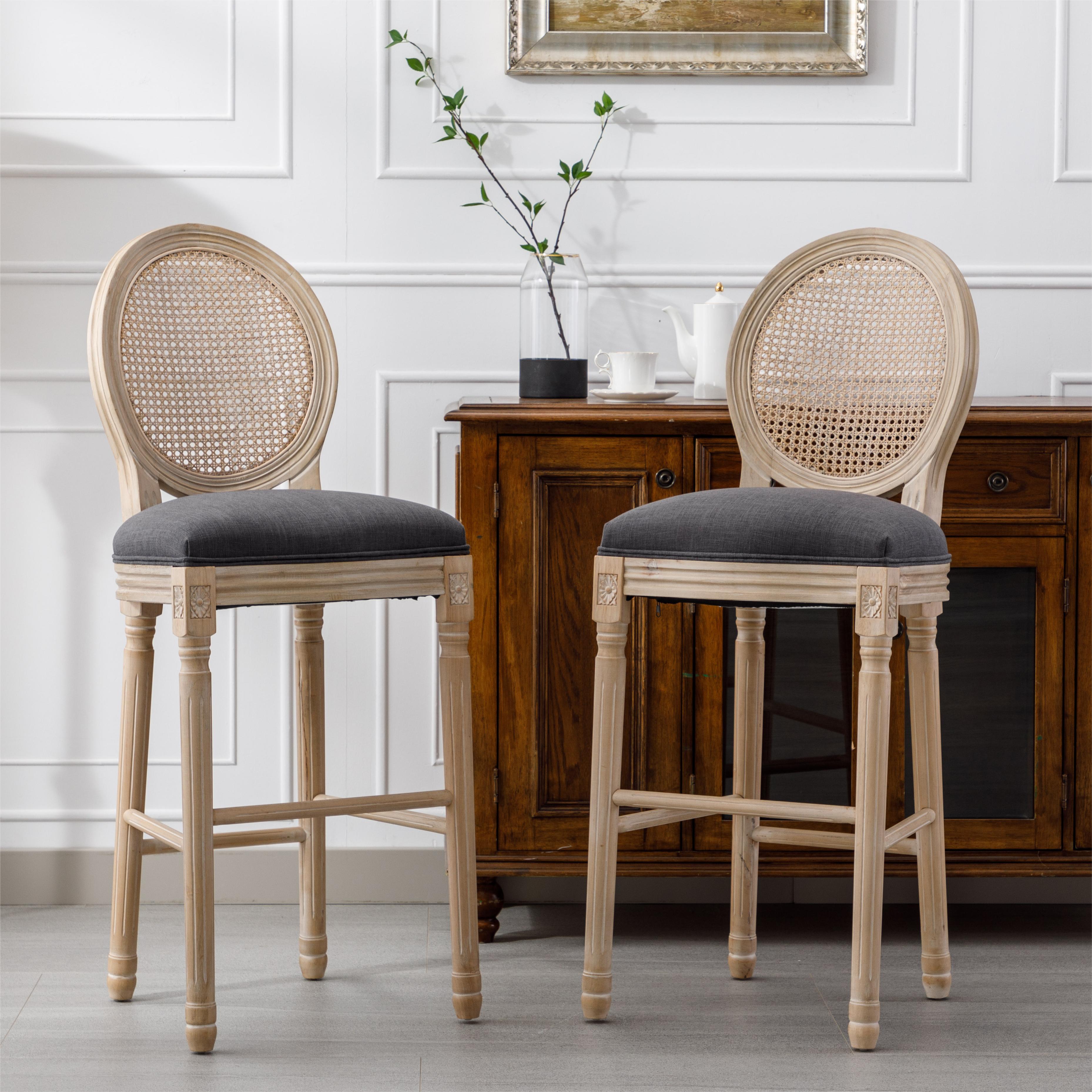 French Country Wooden Barstools Rattan Back With Upholstered Seating , Dark Grey, Set of 2