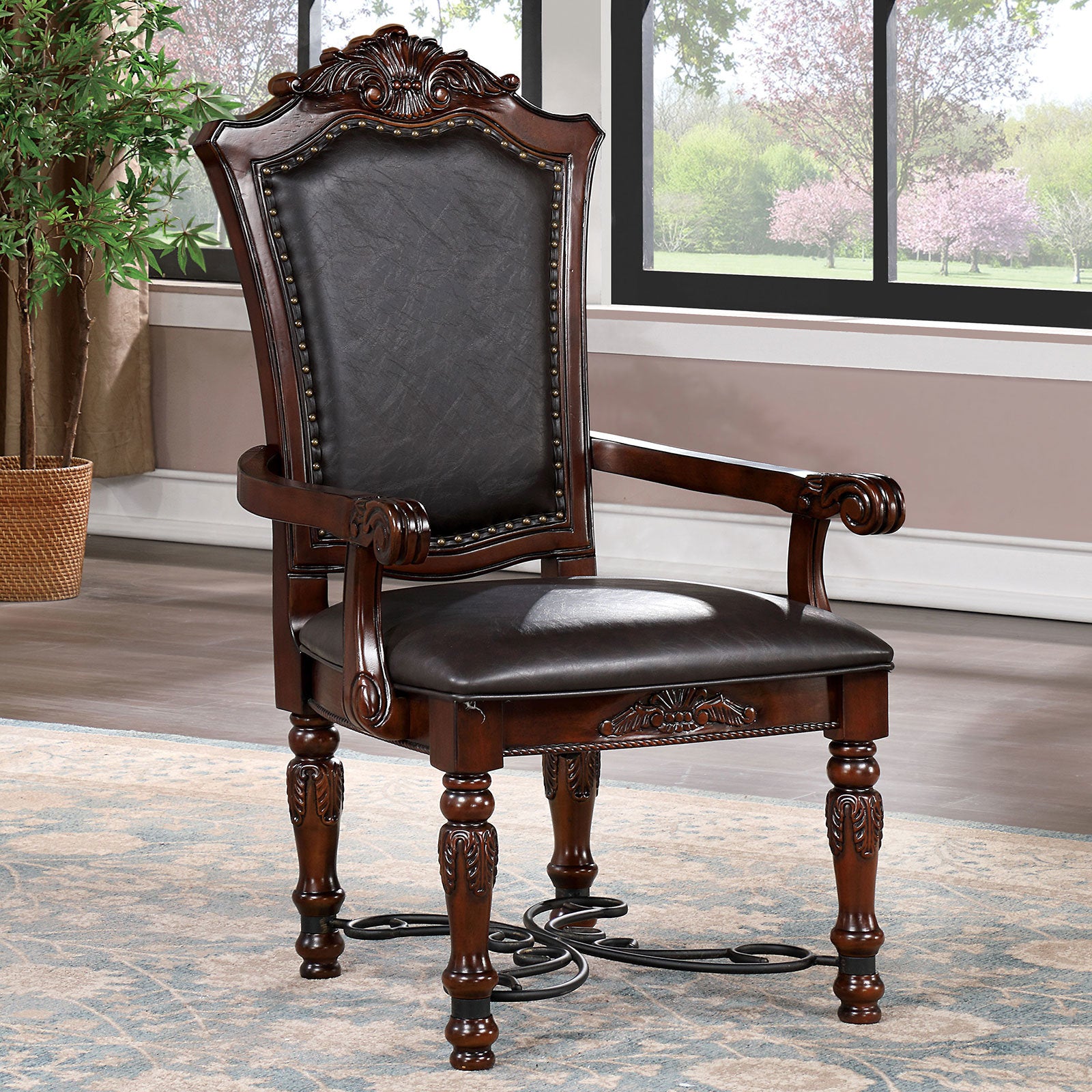 Majestic Traditional 2pcs Arm Chairs Brown Cherry Solid wood Faux Wood Carved Details Black Leatherette Seats Formal Dining Room Furniture