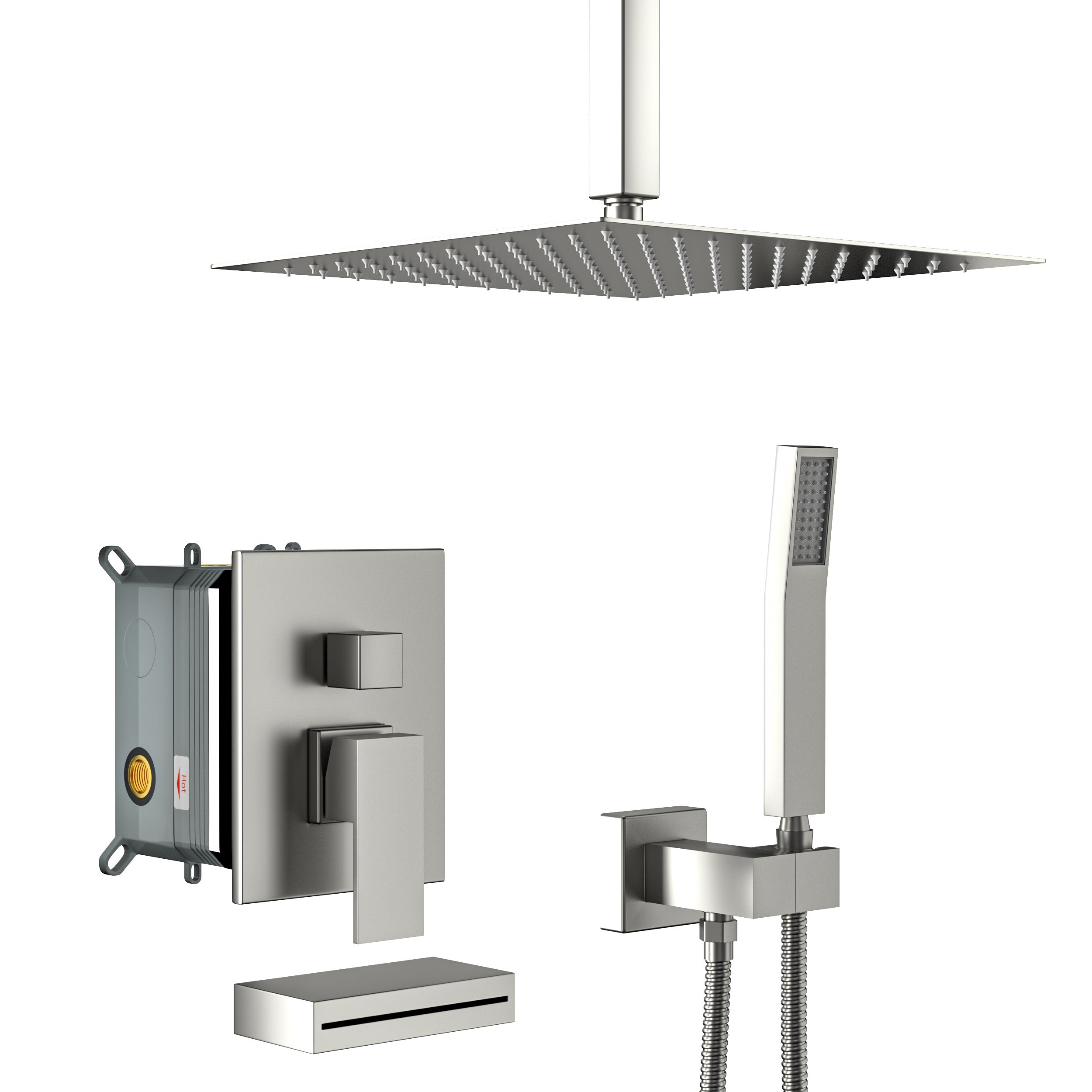 Shower System with Waterfall Tub Spout,12 Inch Ceiling Mount Square Shower System with Rough-in Valve, Brushed Nickel