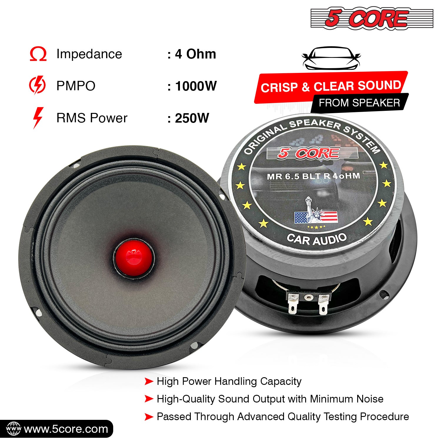 5 CORE 6.5" Mid-Range Bullet Pro Audio Car Speaker, Red Aluminium Bullet, Loudspeaker 1000W Max 4 Ohms - Premium Quality Audio Door Speakers for Car o