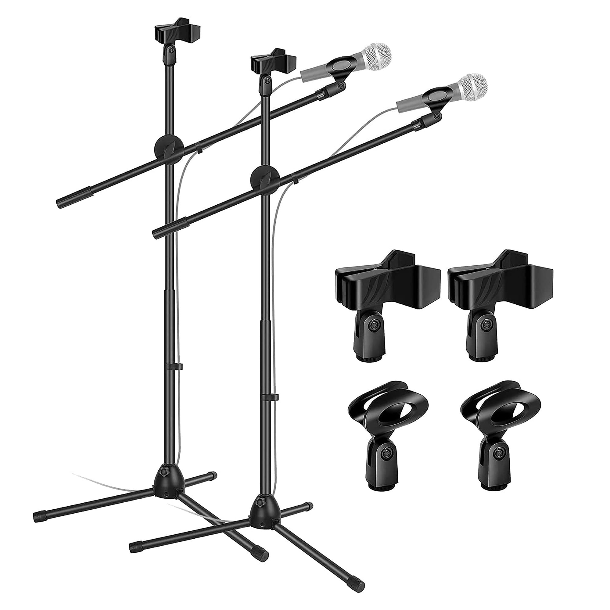 5 Core Microphone Stand Boom w Tripod Base Foldable Adjustable Height Up to 86 Inches 360 Degree Rotating W Dual Mic Holder & Golden Mic Screw Singing Speech Stage Outdoor Black MS DBL