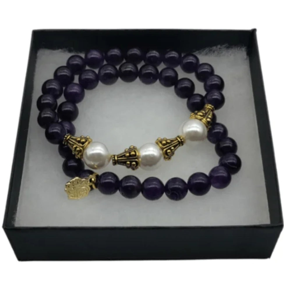 Amy | Amethyst and Pearls Bracelet Set