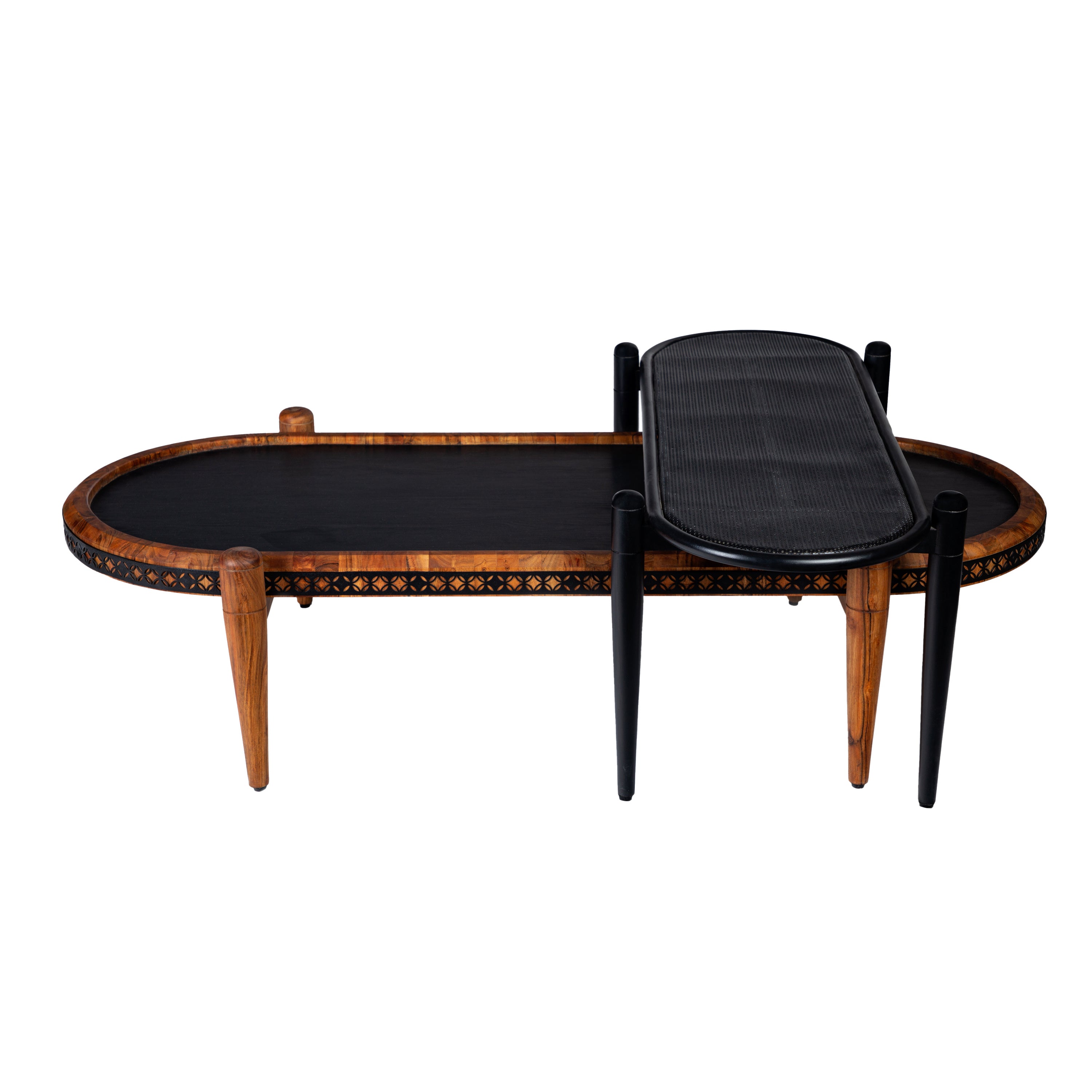 50, 39 Inch 2 Piece Oval Acacia Wood and Metal Nesting Coffee Table Set, Brown and Black