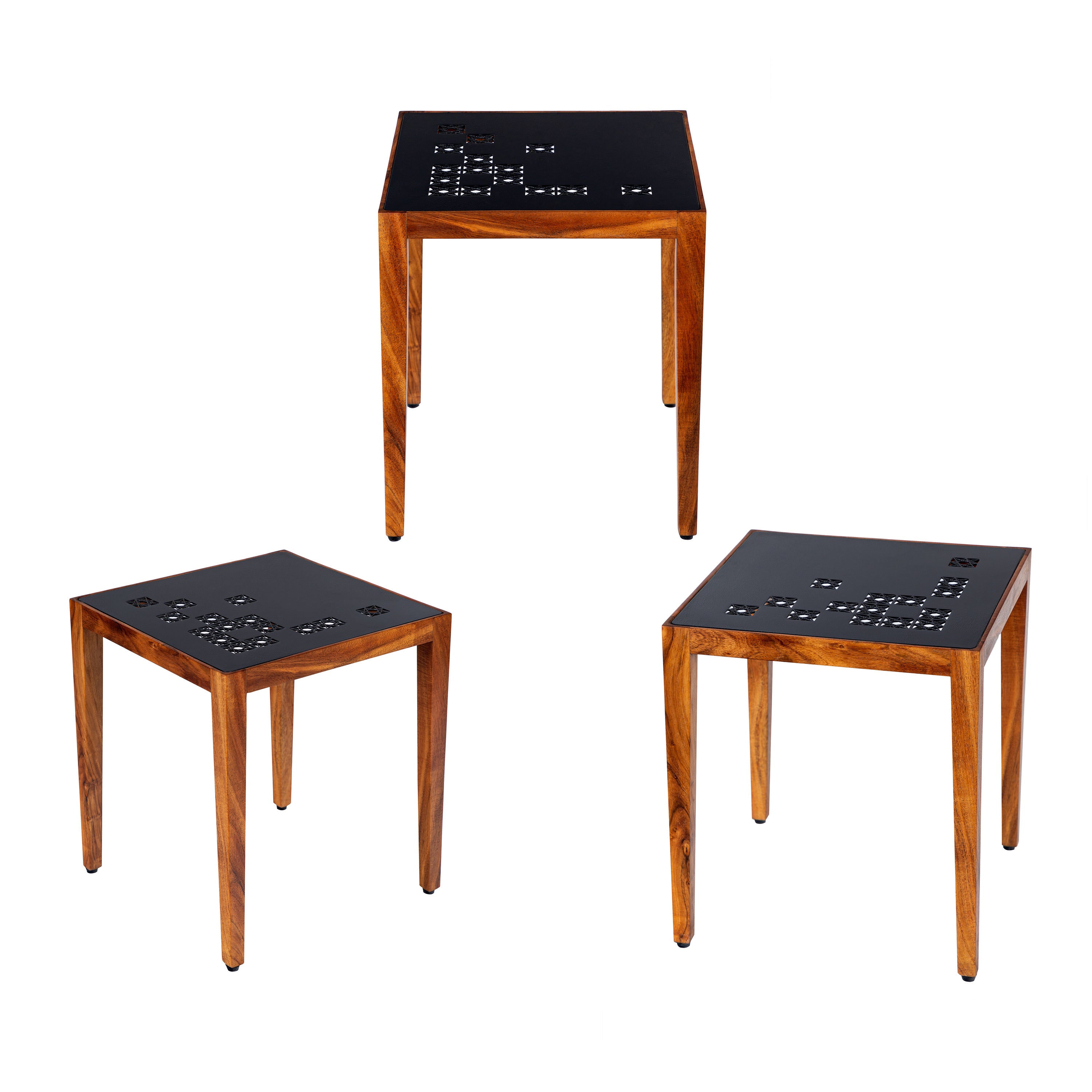 Alba 22 Inch 3 Piece Nesting Table Set, Laser Cut Metal, Black, Brown