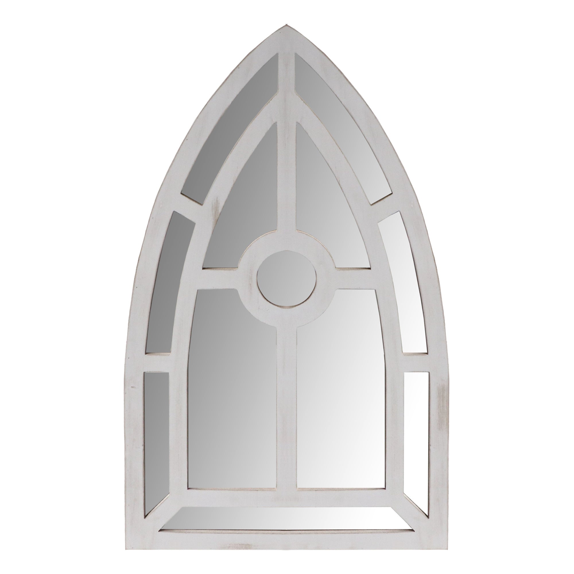 Arched Window Pane Wooden Wall Mirror with Trimmed Details, Silver