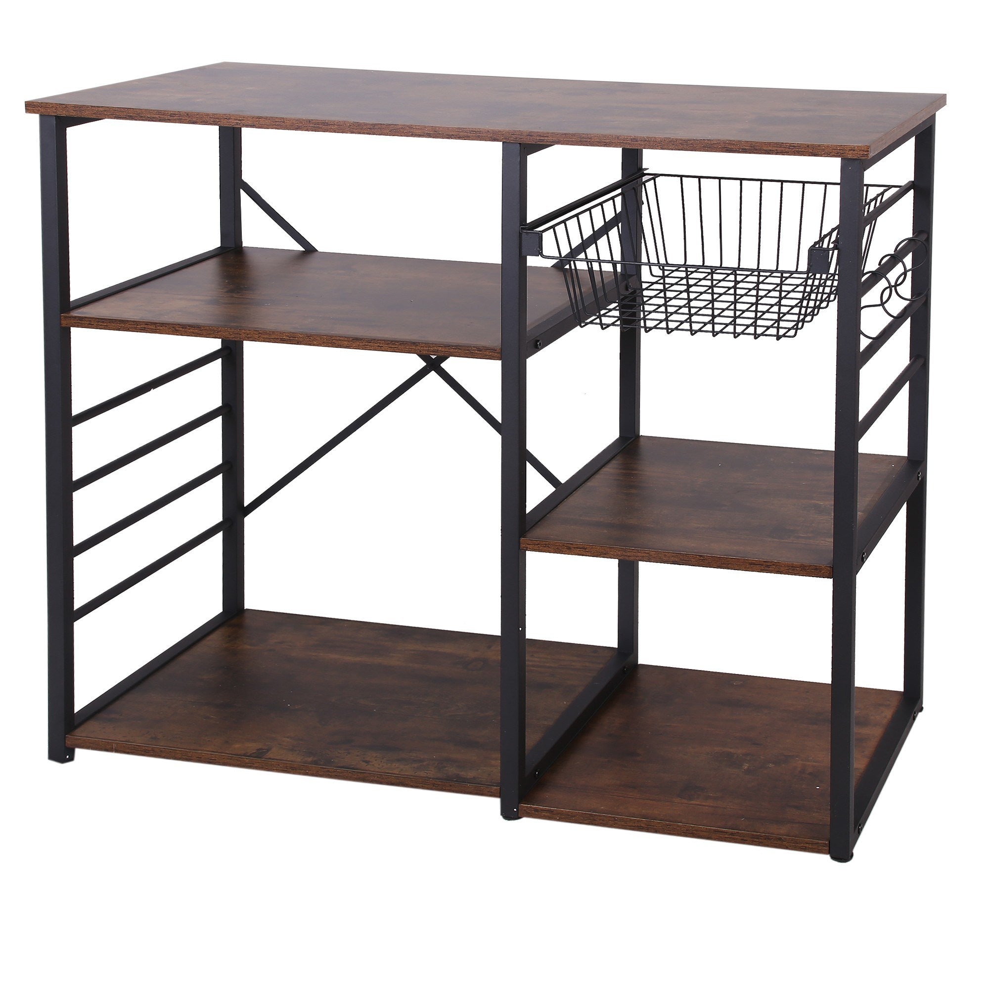 Wood and Metal Bakers Rack with 4 Shelves and Wire Basket, Brown and Black