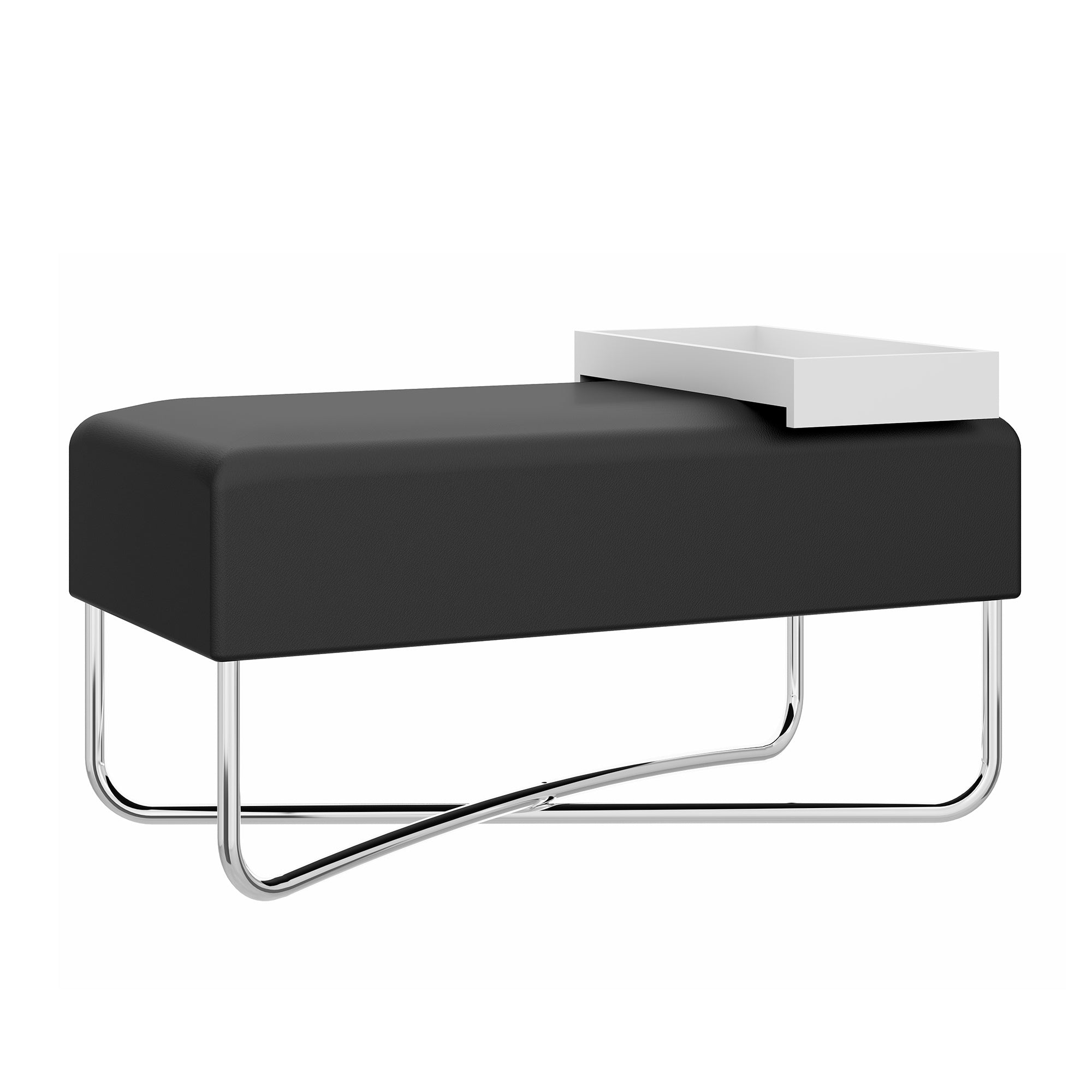 Pouffe with Rectangular Fabric Seat and Inbuilt Wooden Tray, Black and White