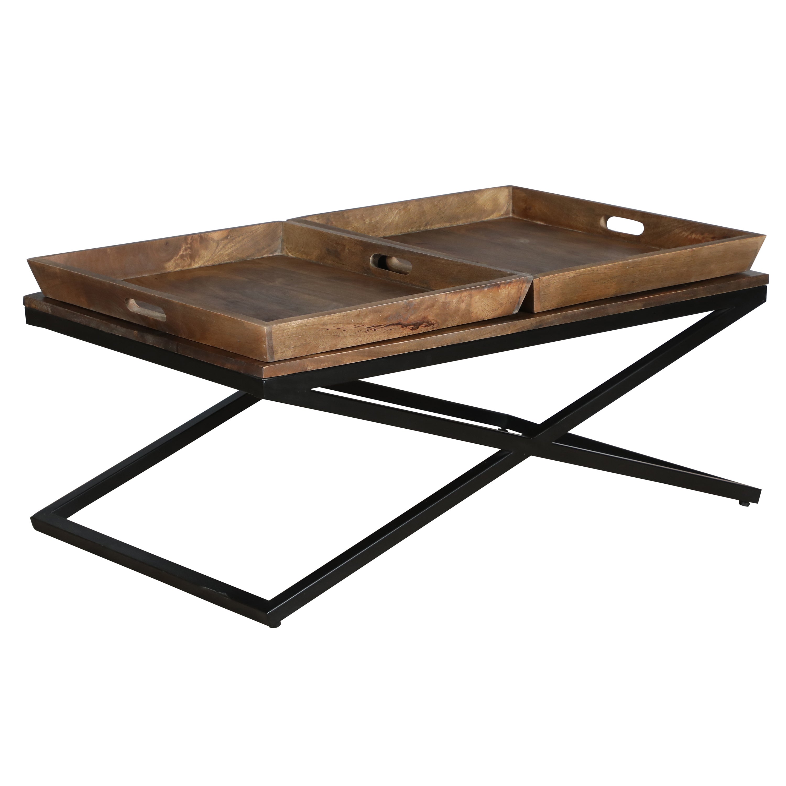 38 Inch Rectangular Mango Wood Farmhouse Coffee Table, 2 Trays, X Iron Base, Brown and Black