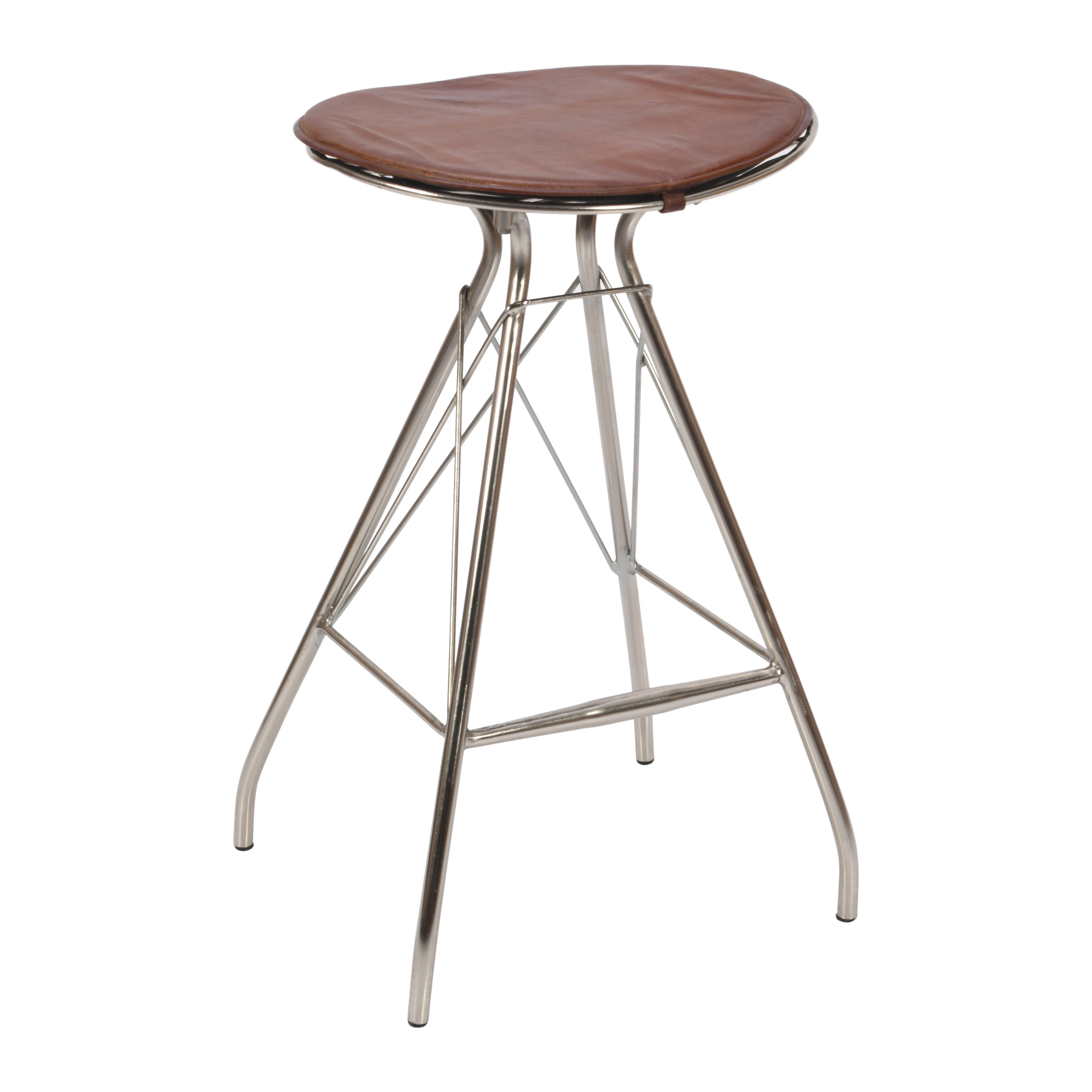 30 Inch Metal Frame Bar Stool, Round Genuine Leather Seat, Dark Brown, Silver