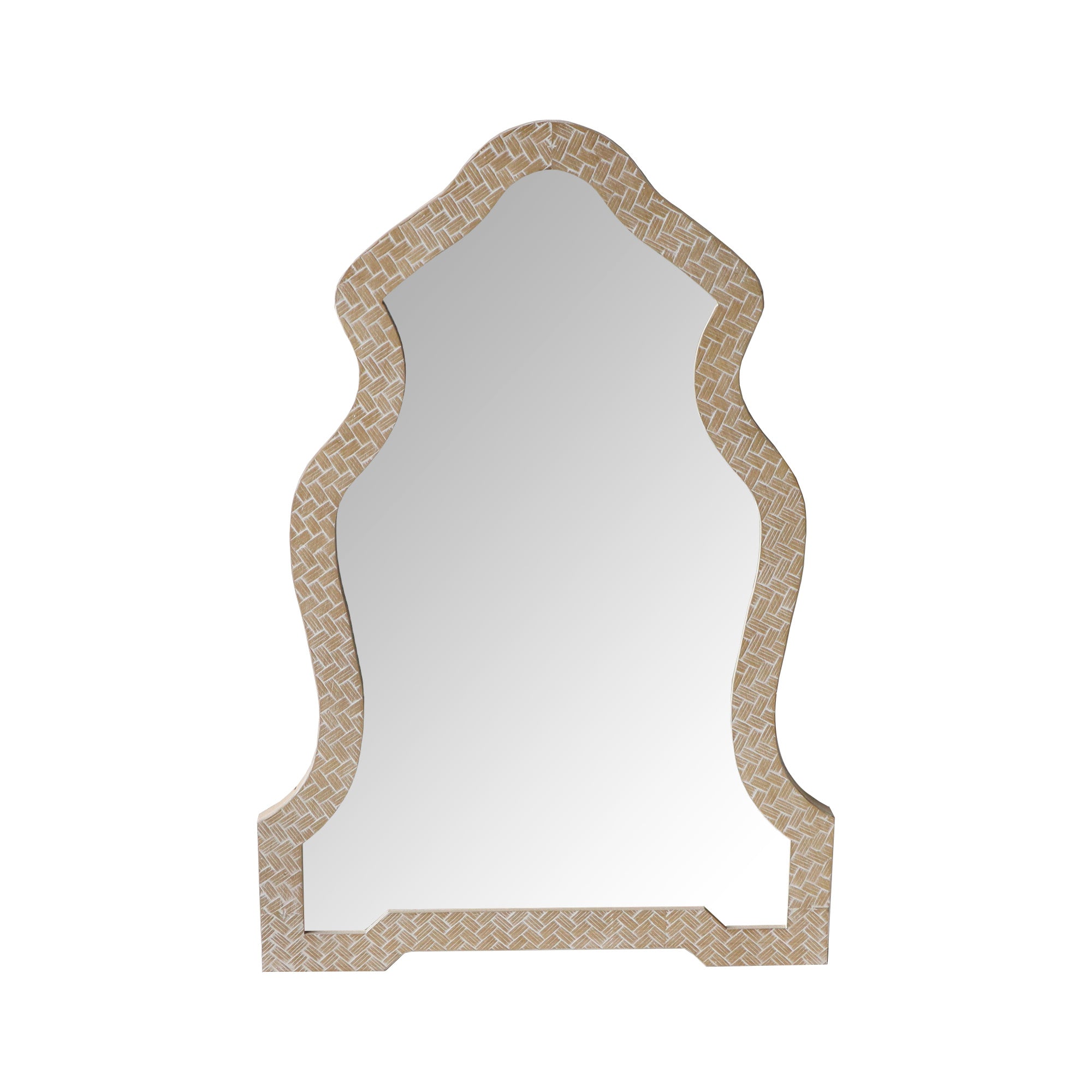 Scalloped Top Wooden Framed Wall Mirror with Geometric Texture, Brown