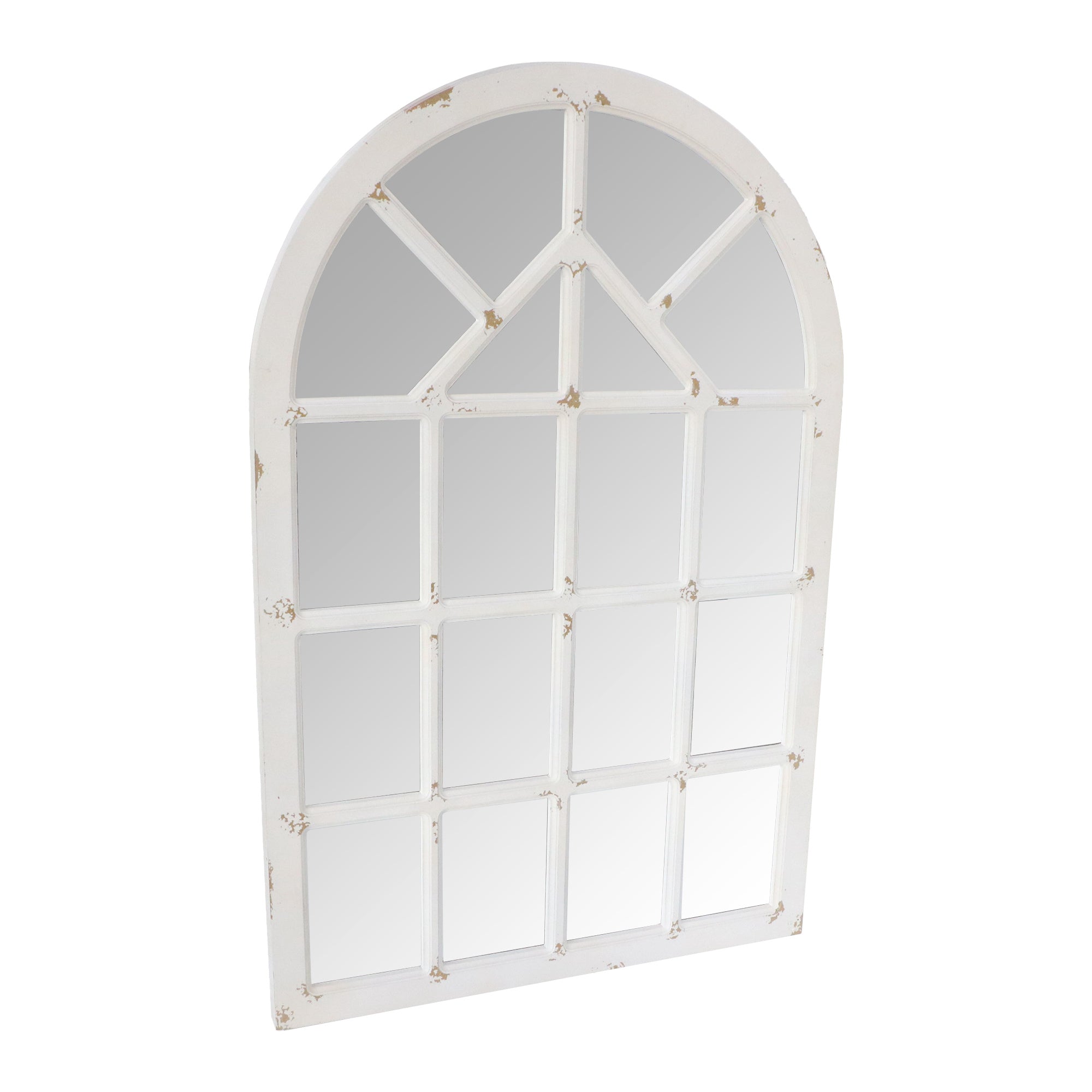 Arched Farmhouse Windowpane Wood Encased Wall Mirror, Antique White