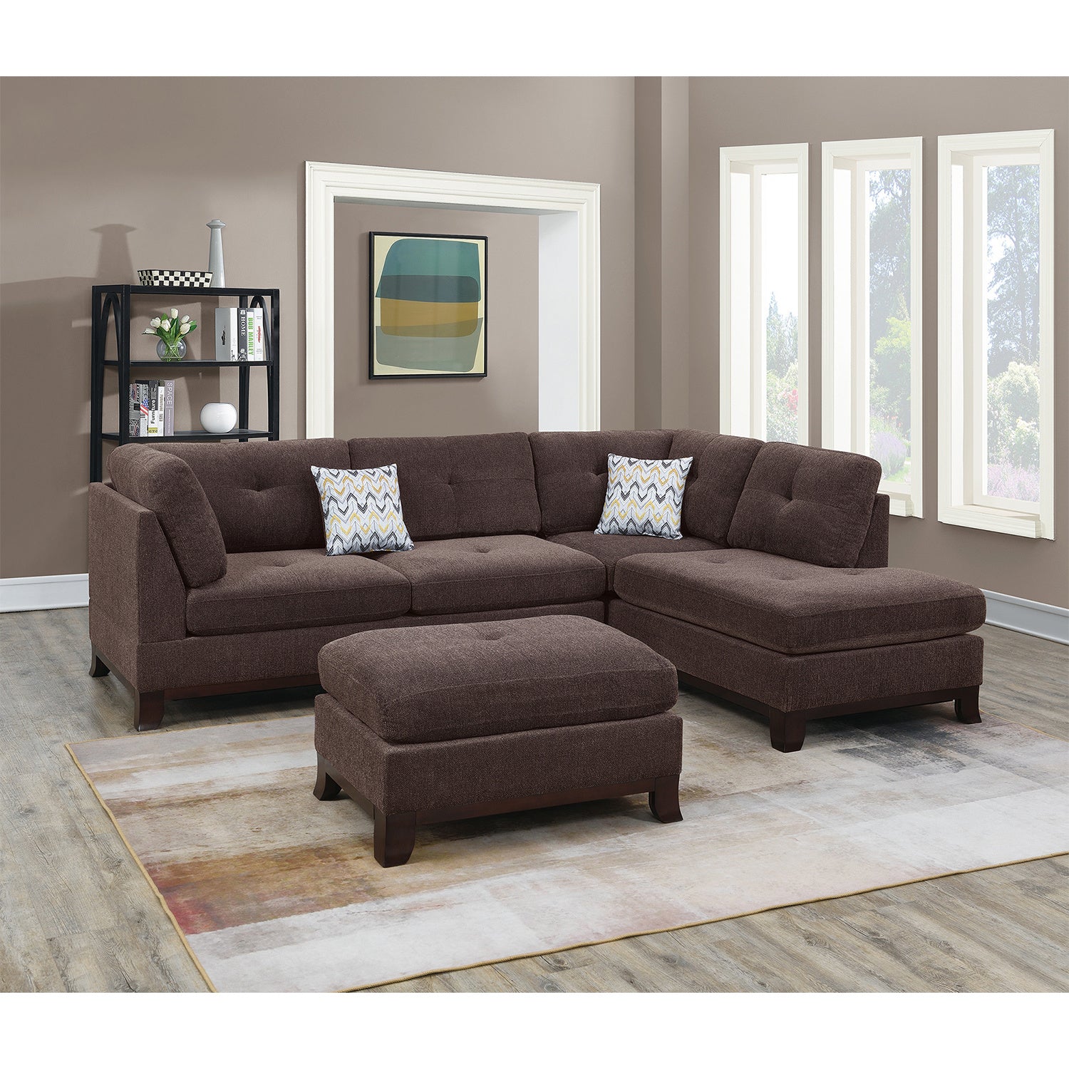 Chenille Reversible Sectional Sofa with Ottoamn in Dark Coffee