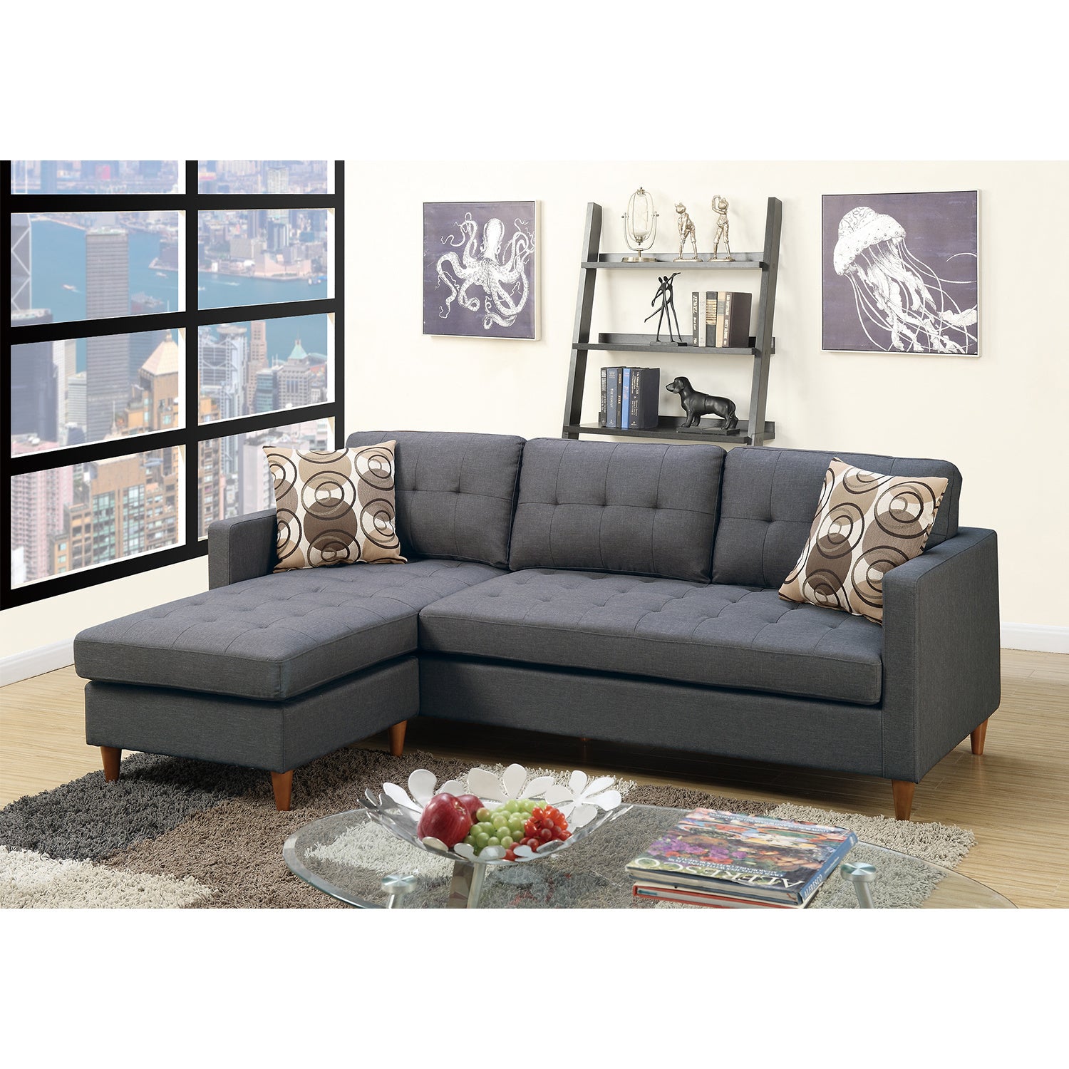 Linen-Like Fabric Reversible Sectional Sofa in Blue Grey