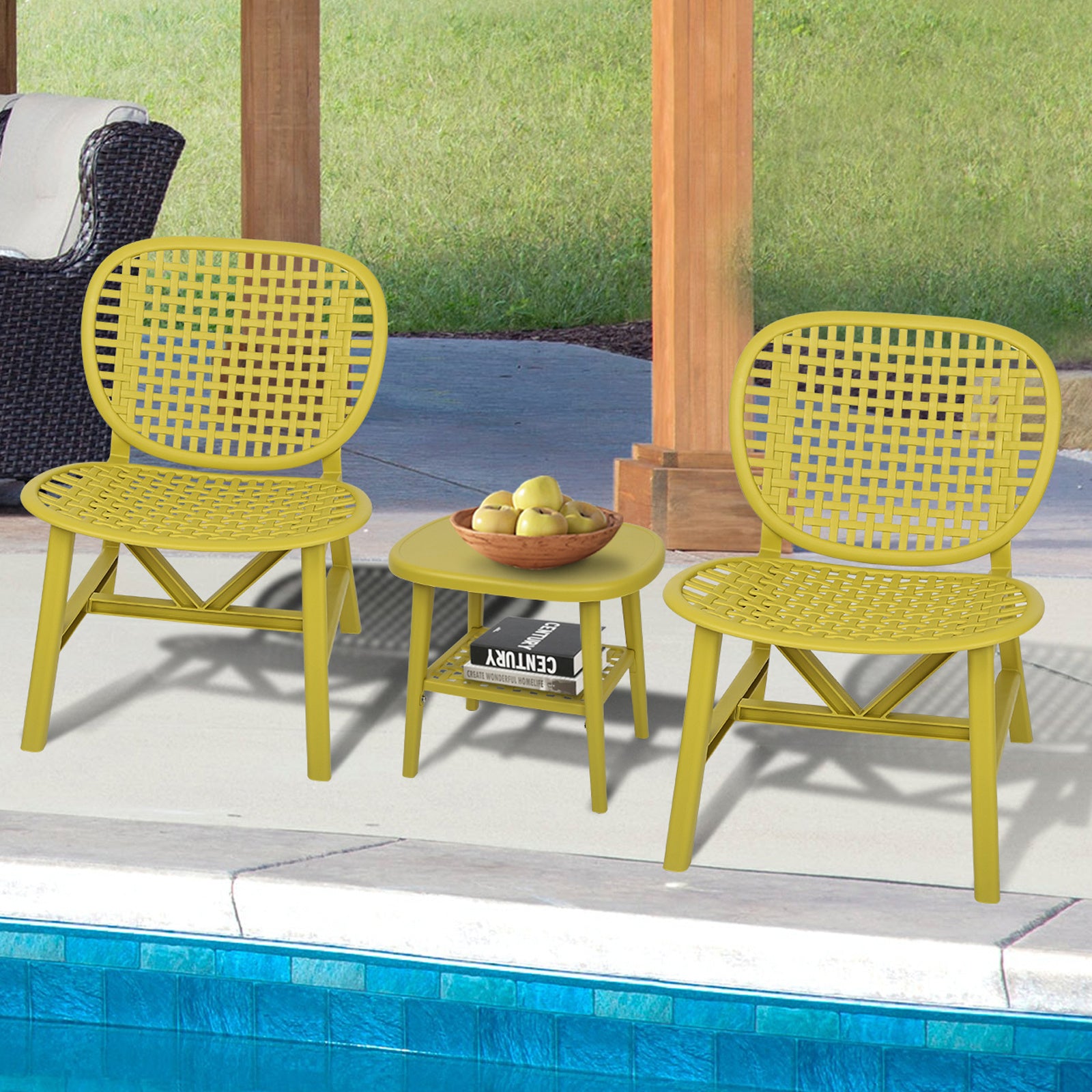 3 Pieces Hollow Design Patio Table Chair Set All Weather Conversation Bistro Set Outdoor Coffee Table with Open Shelf and Lounge Chairs with Widened Seat for Balcony Garden Yard Yellow