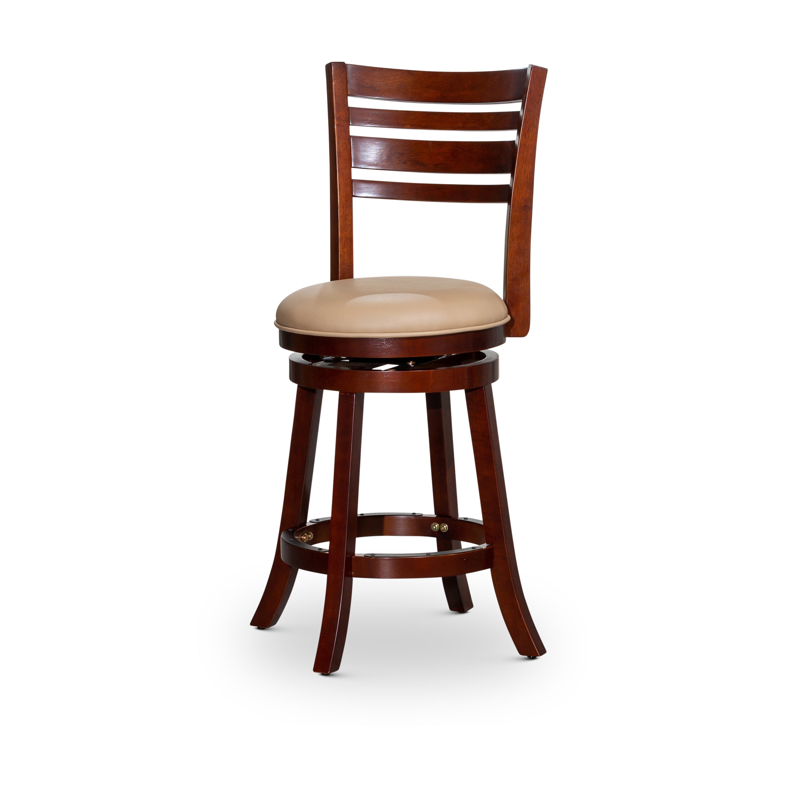 24" Counter Height Slat Back Swivel Stool, Cherry Finish, Bone Leather Seat