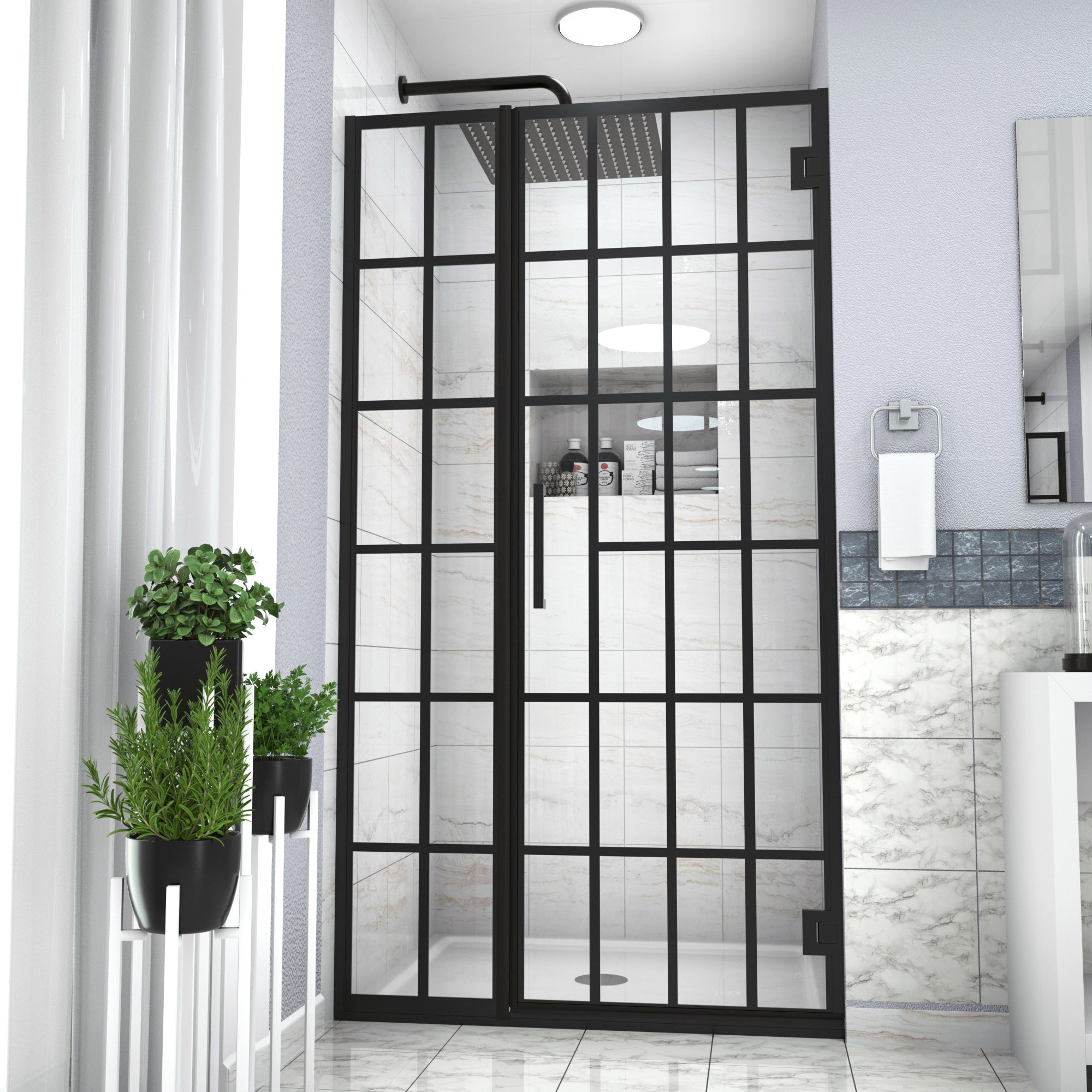 Shower Door 40" W x 72" H Pivot Frameless Shower Door with Pattern Glass, Open Entry Design in Matte Black