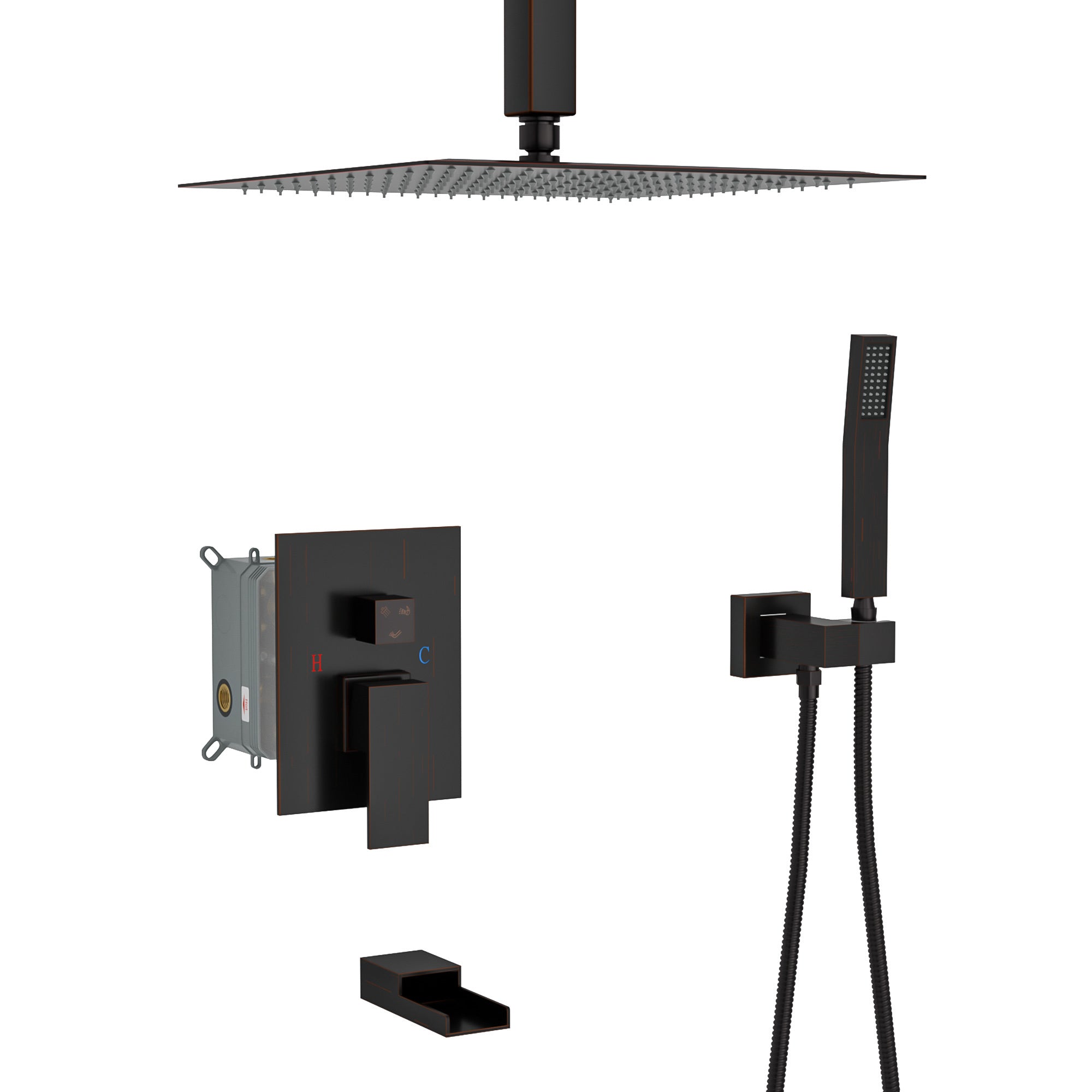 Shower System with Waterfall Tub Spout,16 Inch Ceiling Mount Square Shower System with Rough-in Valve, Oil Rubber Bronze