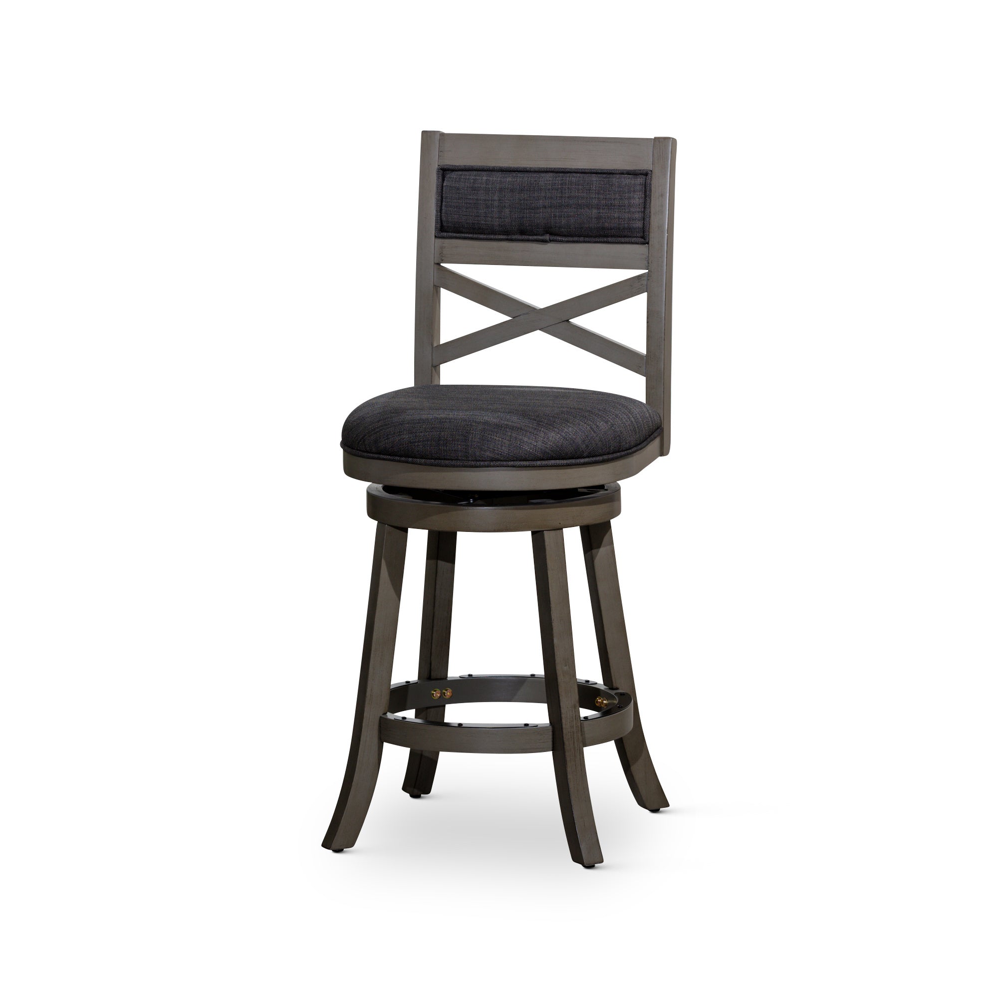 30" Bar Height X-Back Swivel Stool, Weathered Gray Finish Grey, Charcoal Fabric Seat