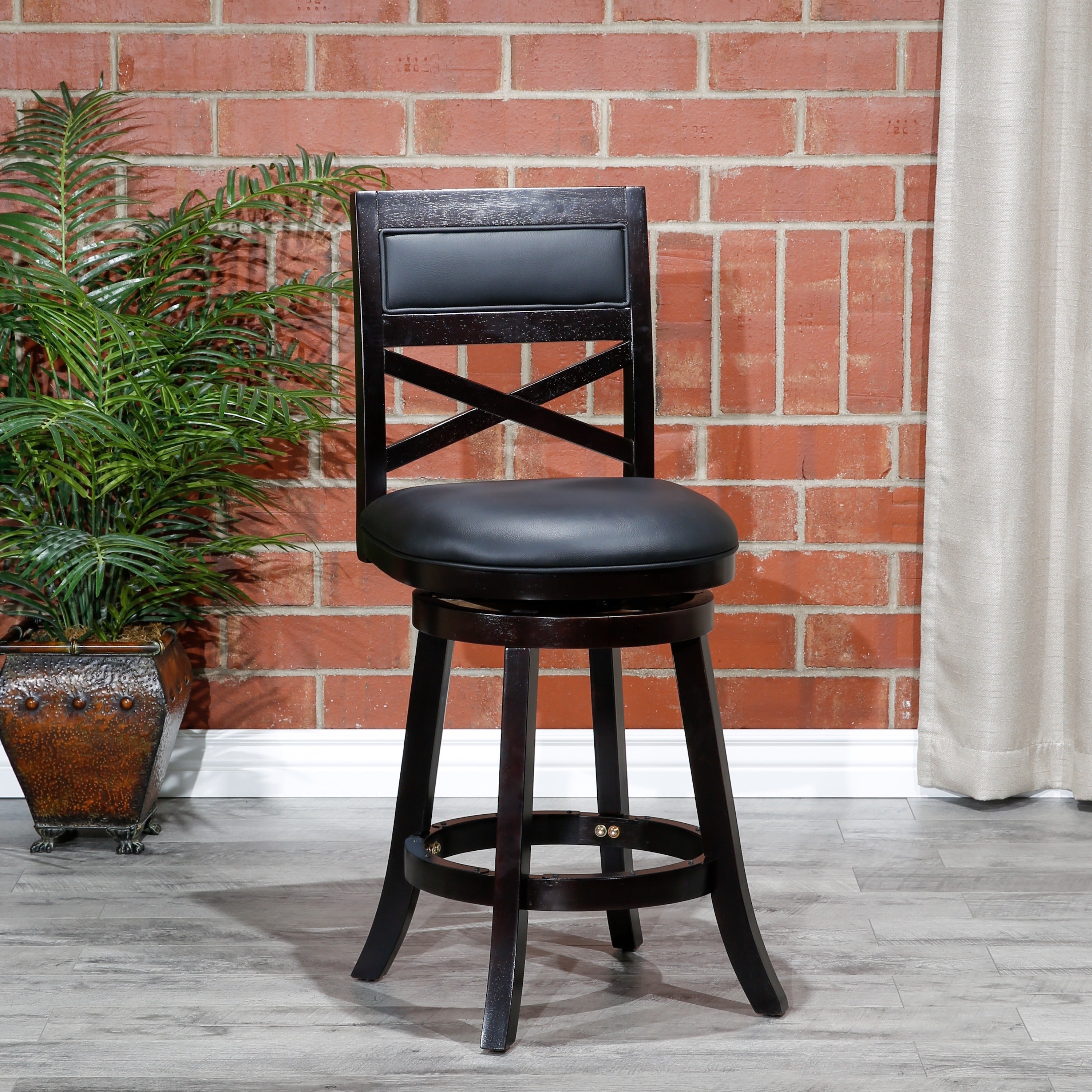 24" Counter Height X-Back Swivel Stool, Espresso Finish, Black Leather Seat