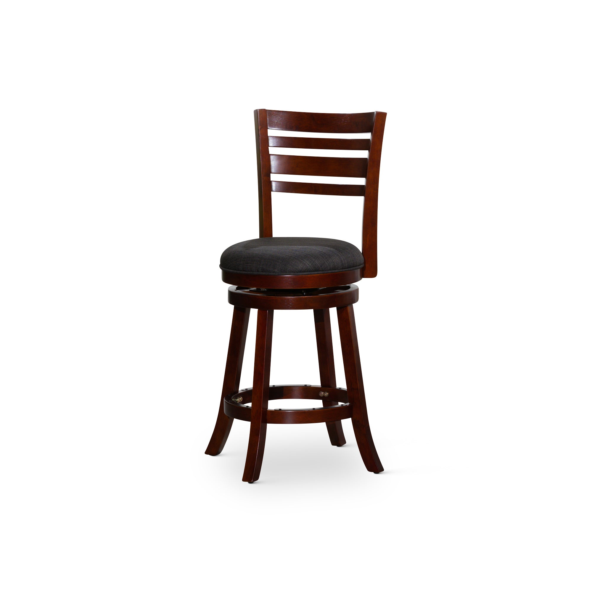 24" Counter Height Slat Back Swivel Stool, Cherry Finish, Charcoal Fabric Seat