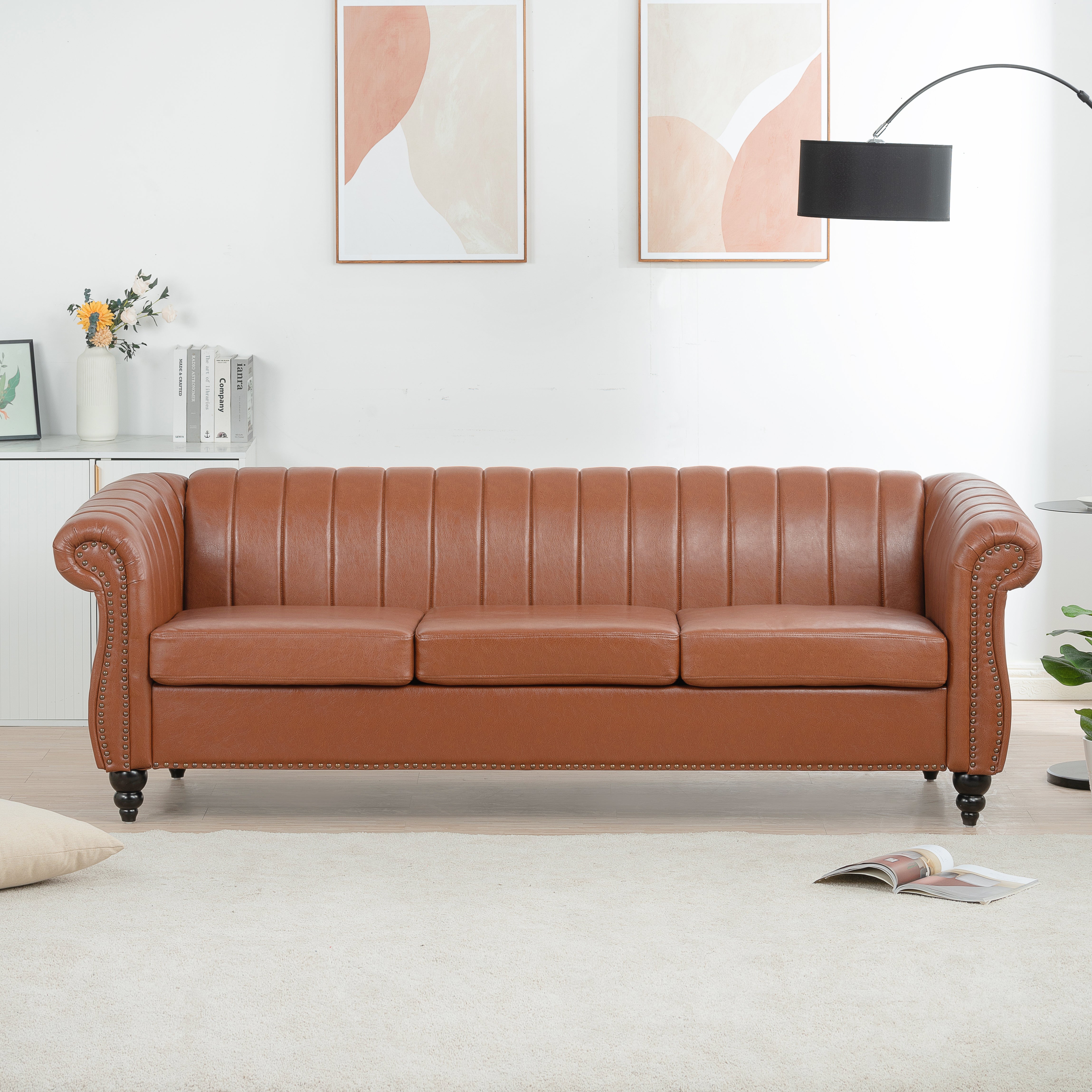 83.46" Brown PU Rolled Arm Chesterfield Three Seater Sofa.