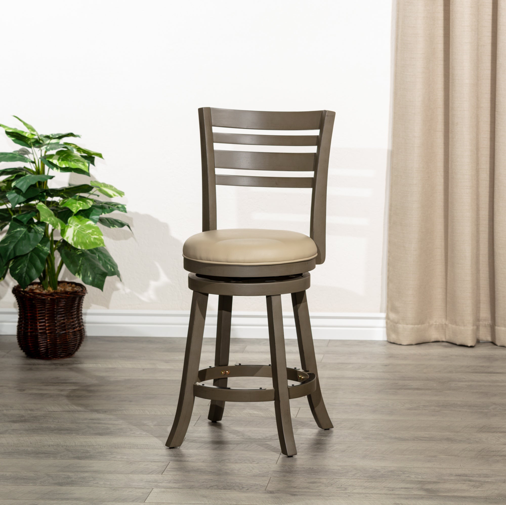 24" Counter Height Slat Back Swivel Stool, Weathered Gray Finish, French Gray Leather Seat