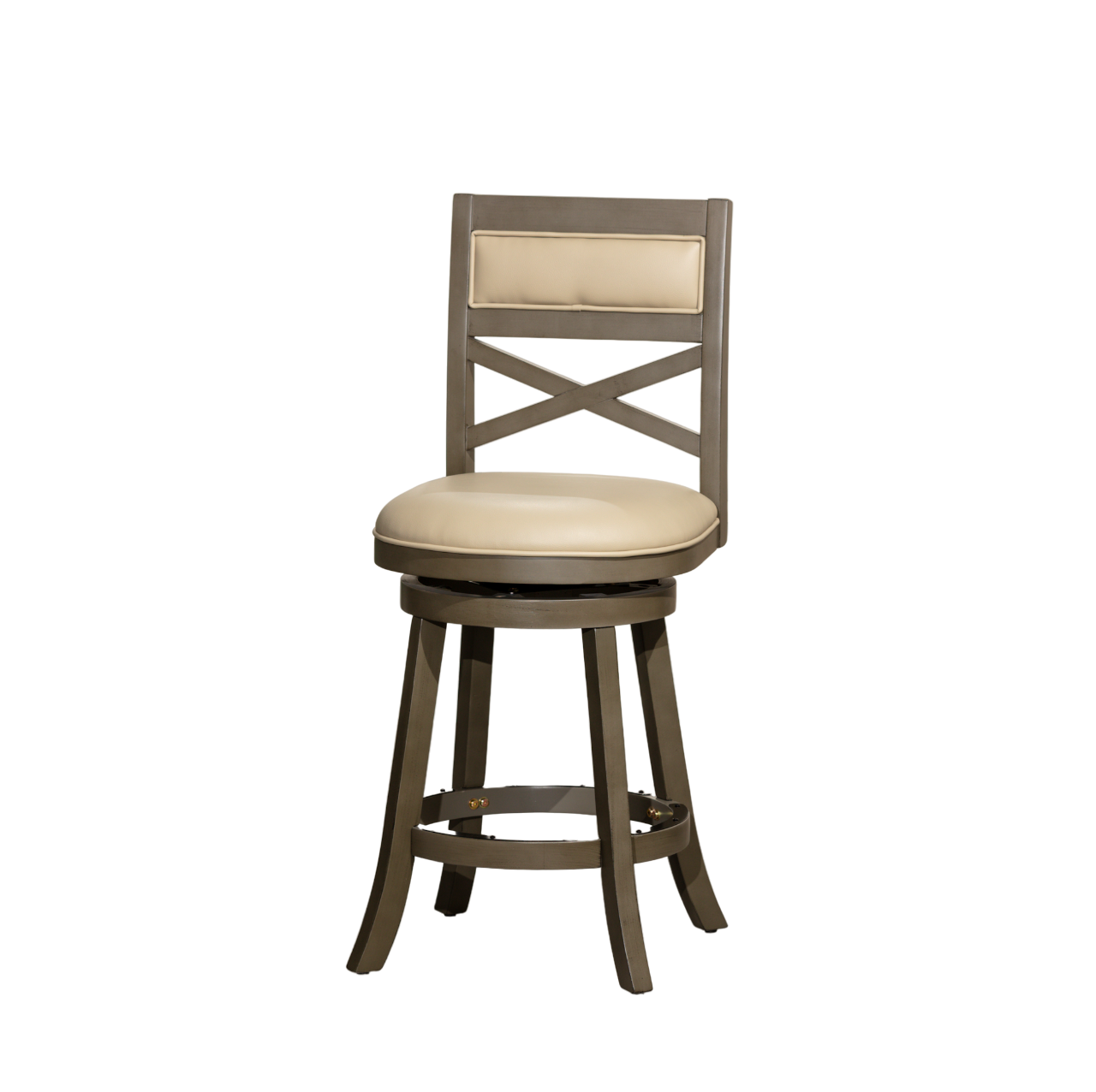 24" Counter Height X-Back Swivel Stool, Weathered Gray Finish, French Gray Leather Seat