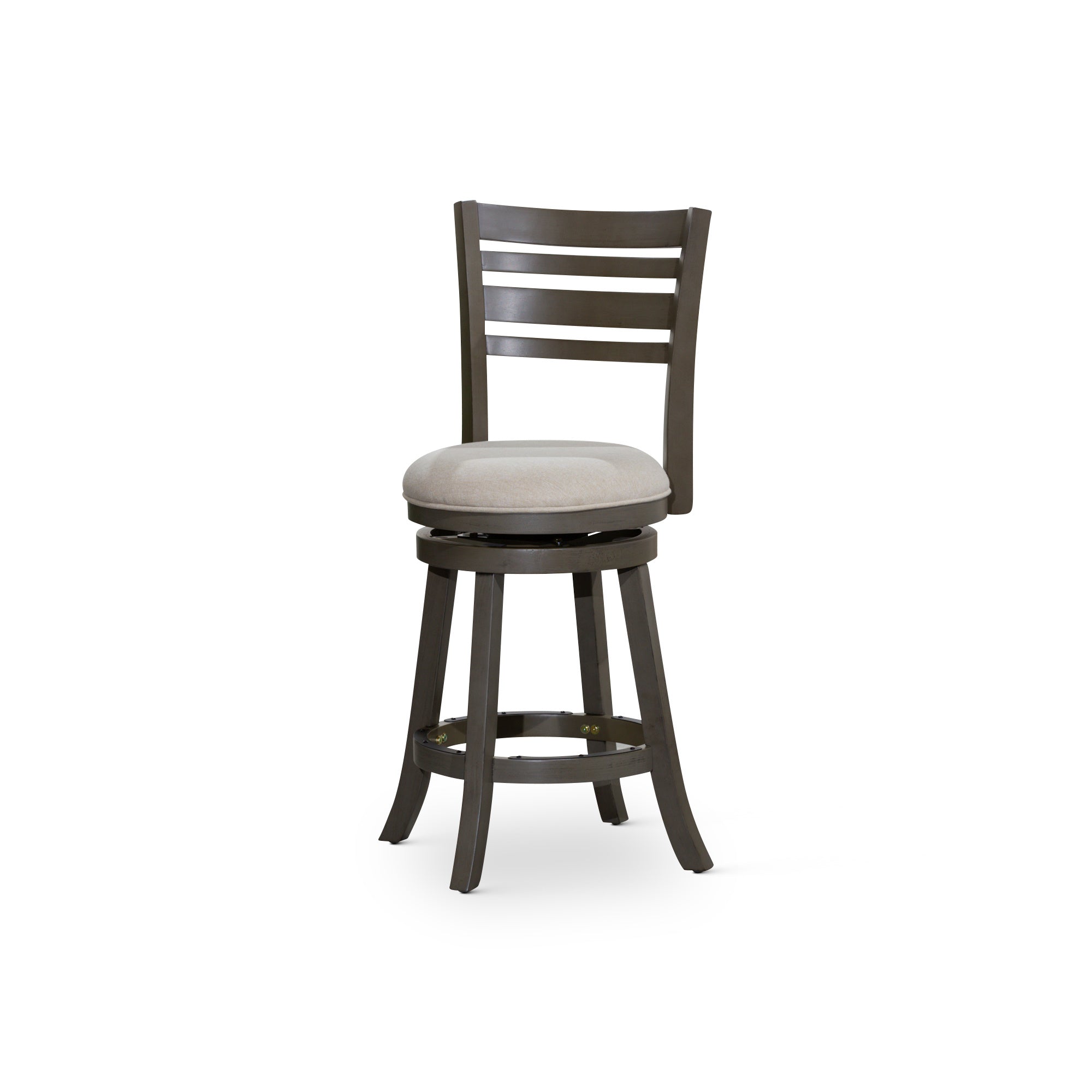 24" Counter Height Slat Back Swivel Stool, Weathered Gray Finish, Beige Fabric Seat