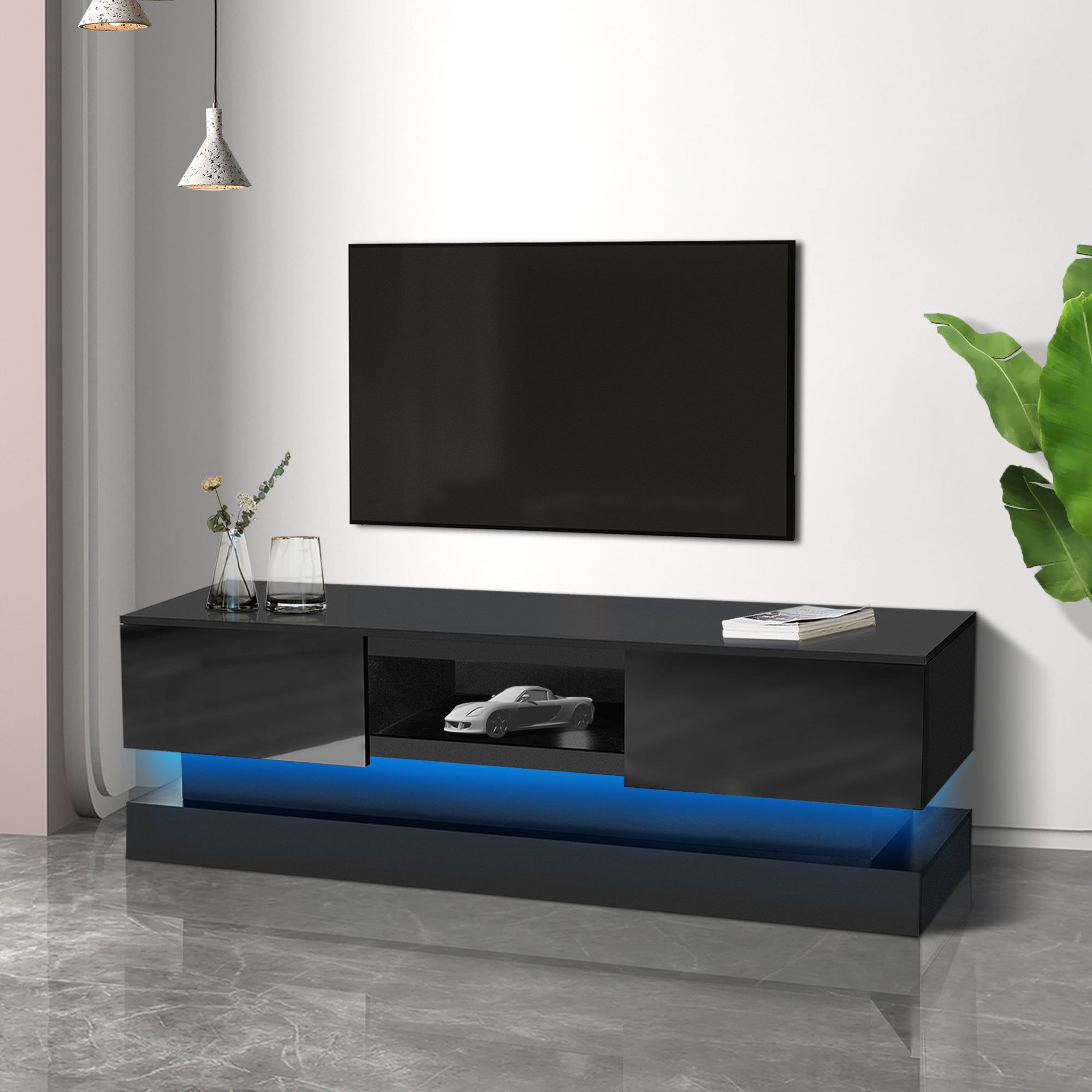 51.18inch Black morden TV Stand with LED Lights,high glossy front TV Cabinet,can be assembled in Lounge Room, Living Room or Bedroom,color:BLACK
