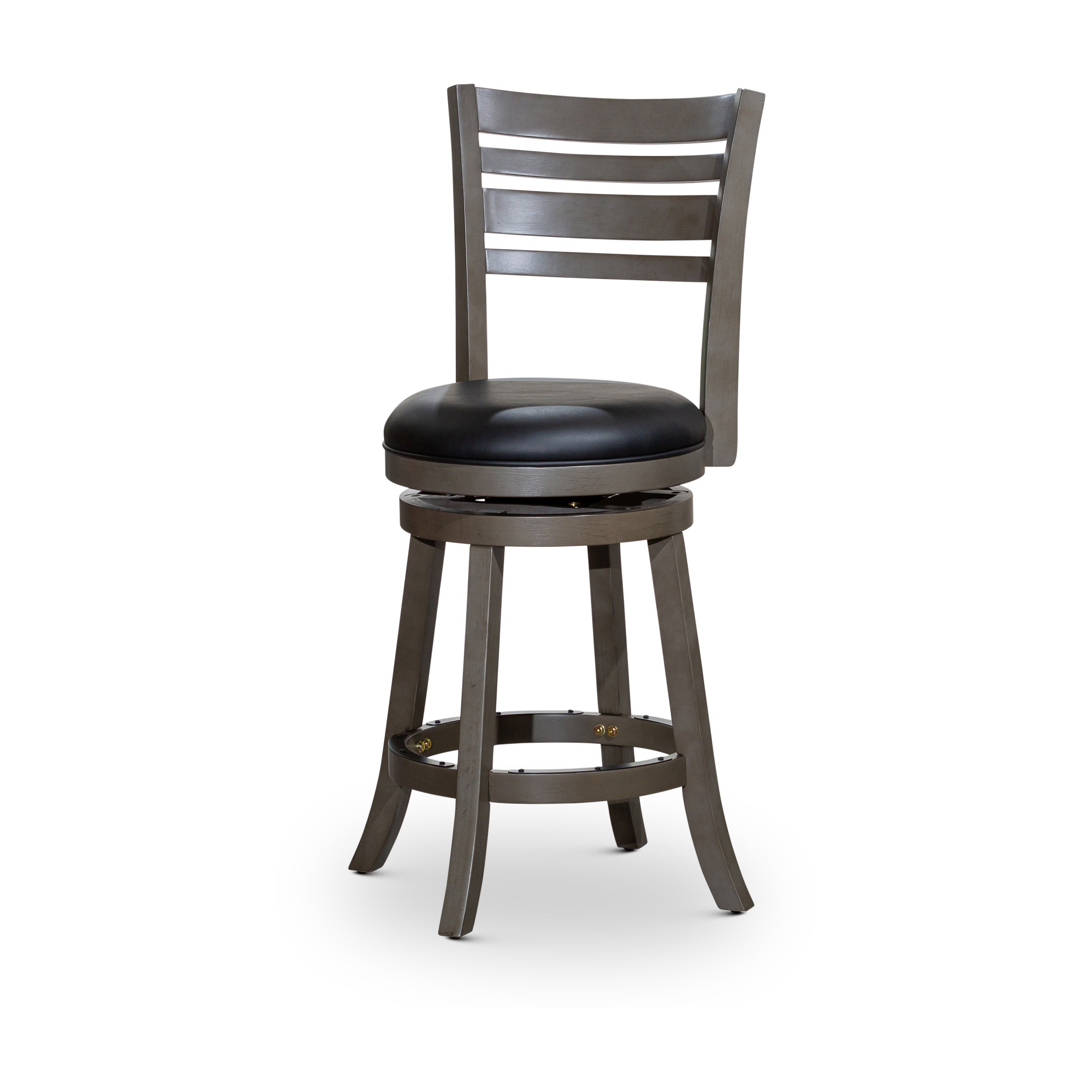 24" Counter Height Slat Back Swivel Stool, Weathered Gray Finish, Black Leather Seat