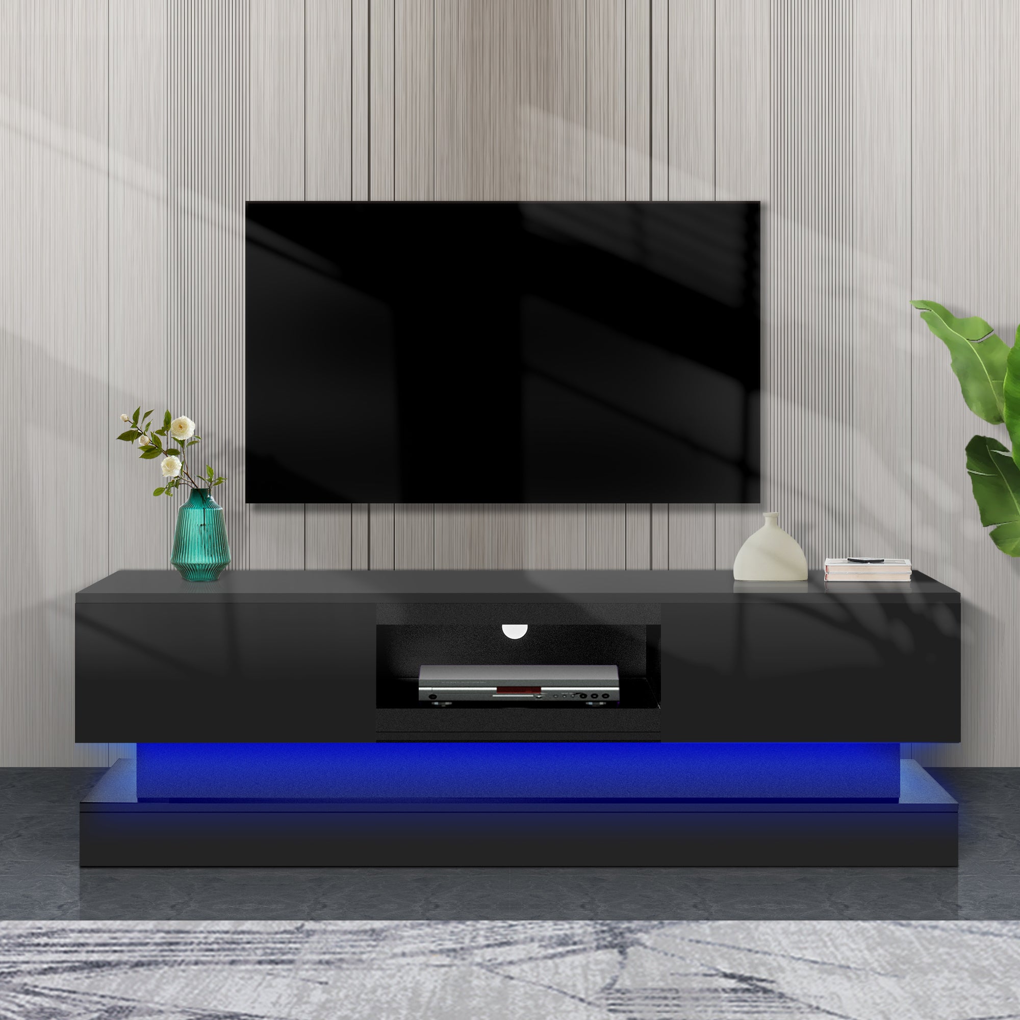 63inch BLACK morden TV Stand with LED Lights,high glossy front TV Cabinet,can be assembled in Lounge Room, Living Room or Bedroom,color:BLACK