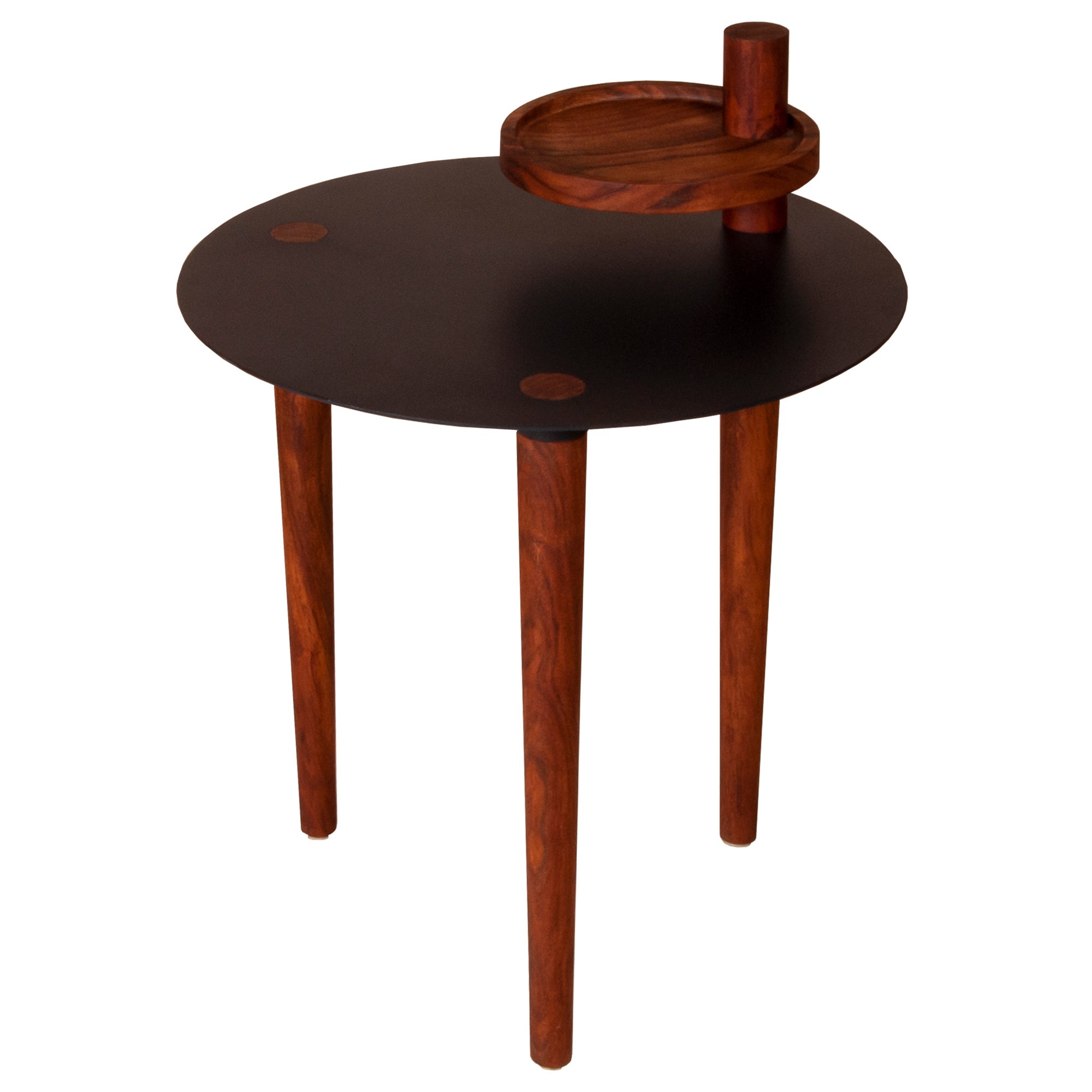 25.6 Inch Round Side Table with Rotatable Tray and Metal Top, Brown and Black