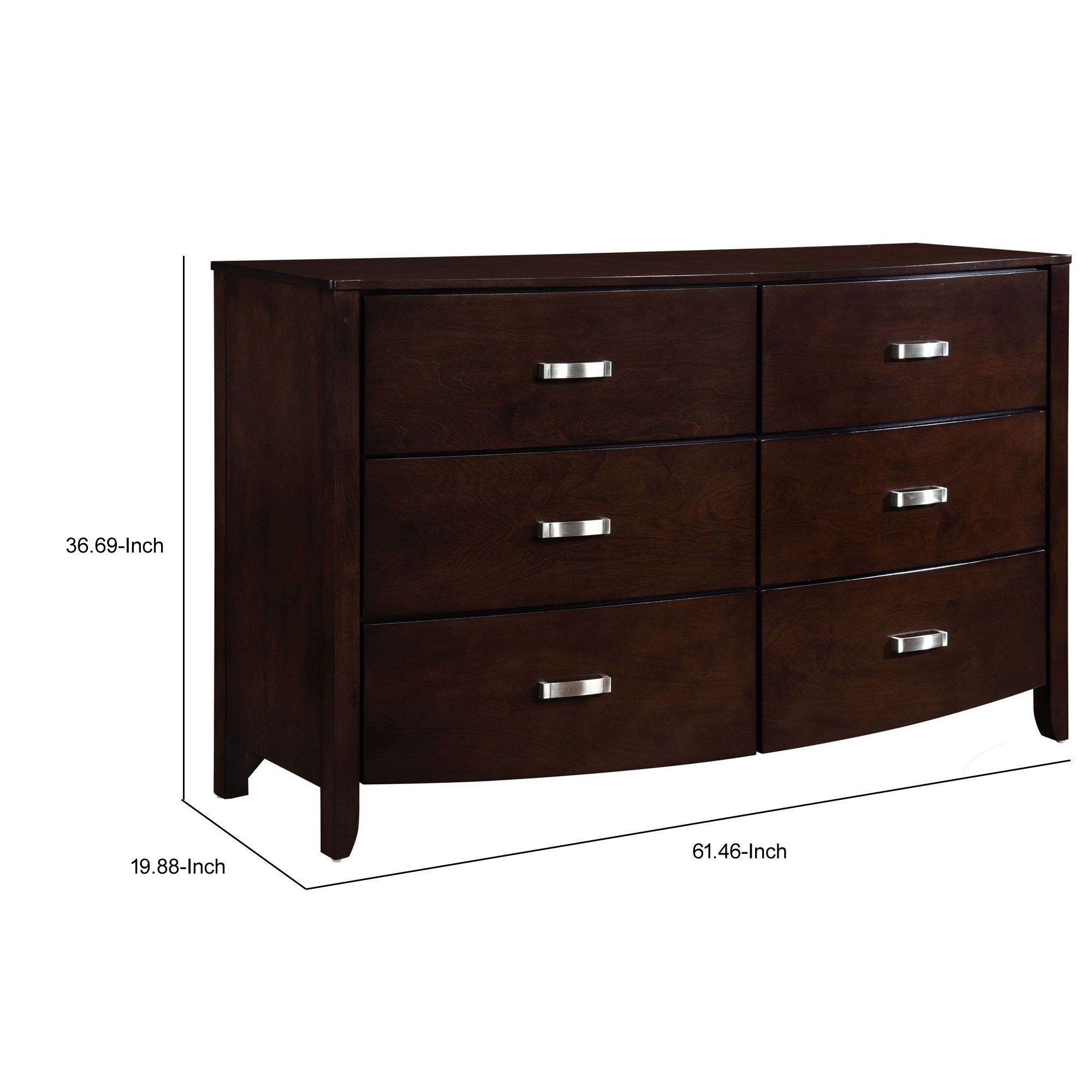 61 Inch 6 Drawer Wood Dresser, Metal Handles, Cherry Brown