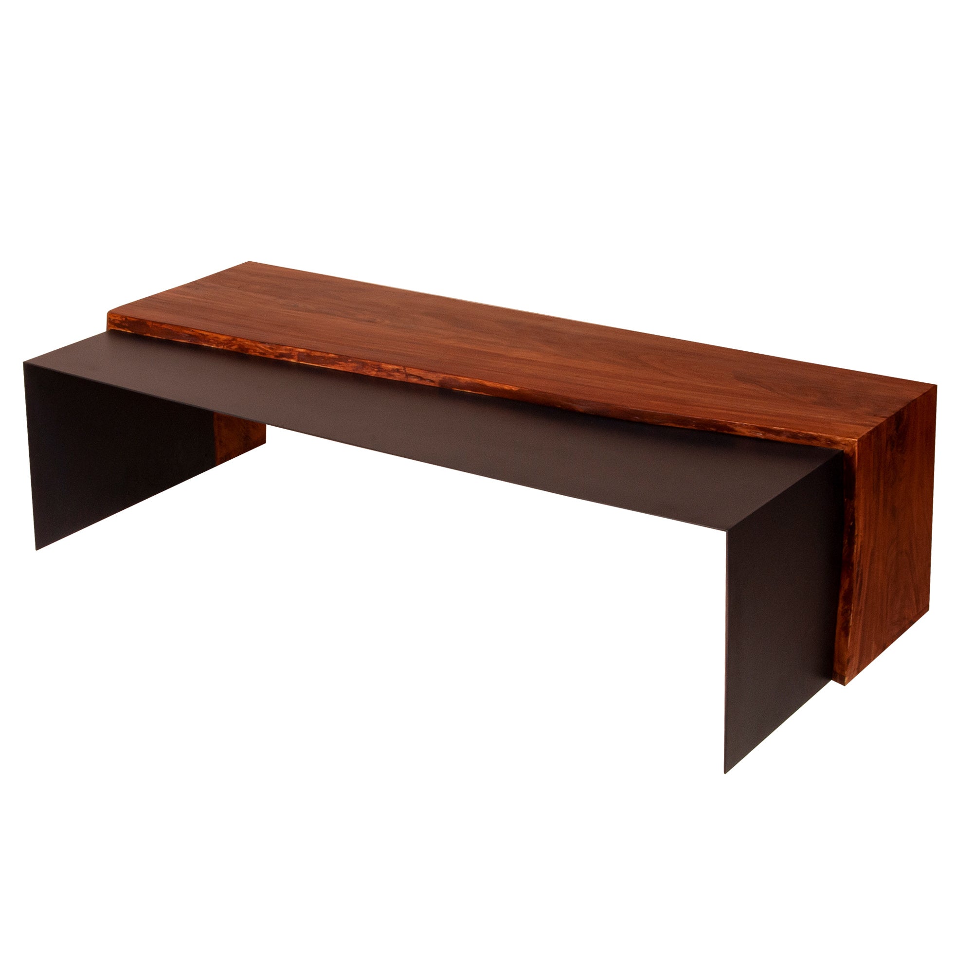 53 Inch Acacia Wood Coffee Table, Horizontal Split Design, Live Edge, Oak, Black