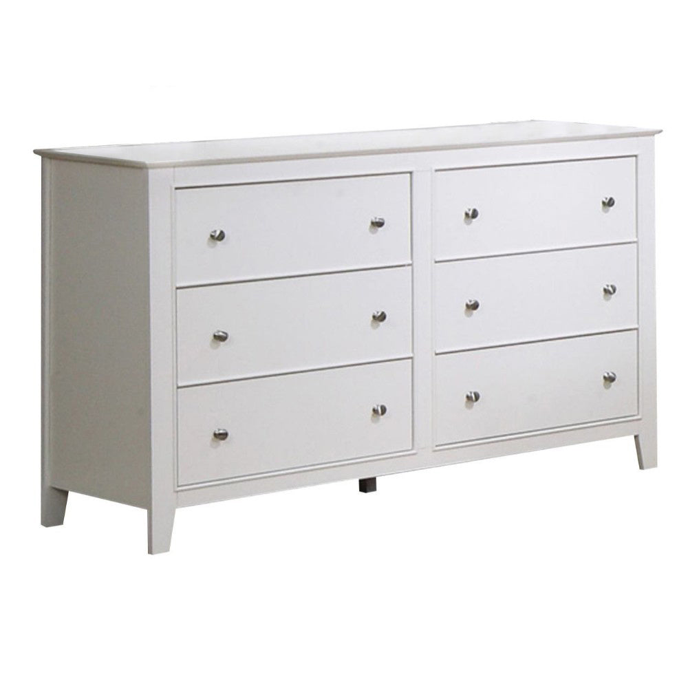 53 Inch Wood Dresser, 6 Drawers, Metal Knobs, White