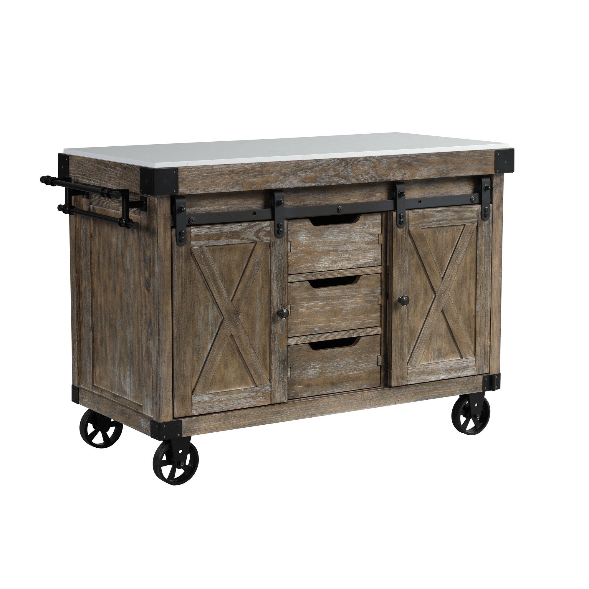 Kitchen Island with 3 Drawers and Barn Sliding, Brown