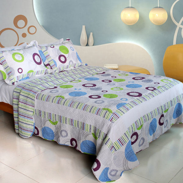 [Bubble Ocean] 100% Cotton 3PC Vermicelli-Quilted Patchwork Quilt Set (King Size)