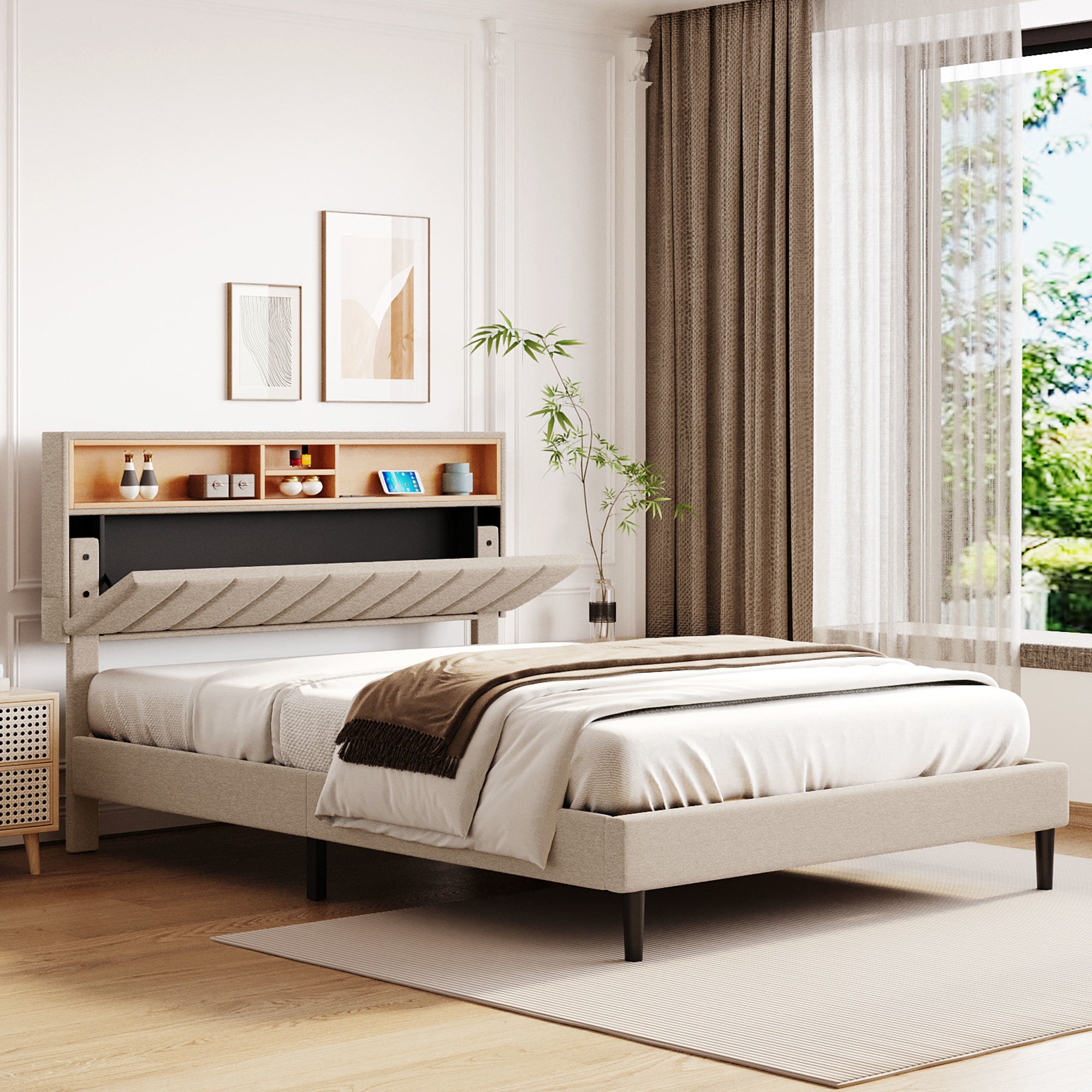 Queen Size Upholstered Platform Bed with Storage Headboard and USB Port, Linen Fabric Upholstered Bed (Beige)