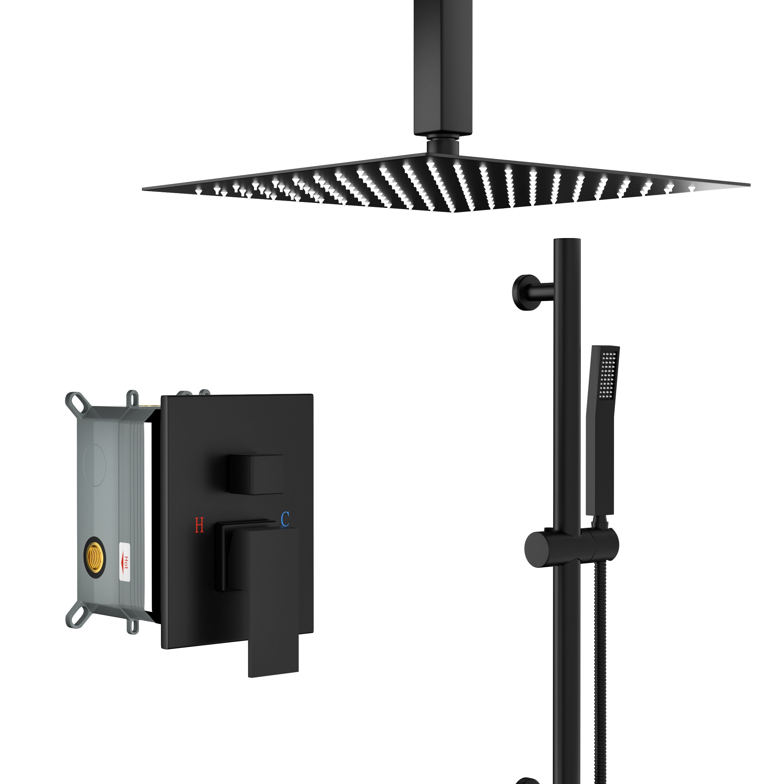 Shower System with Adjustable Slide Bar,16 Inch Ceiling Mounted Square Shower System with Rough-in Valve,Matte black