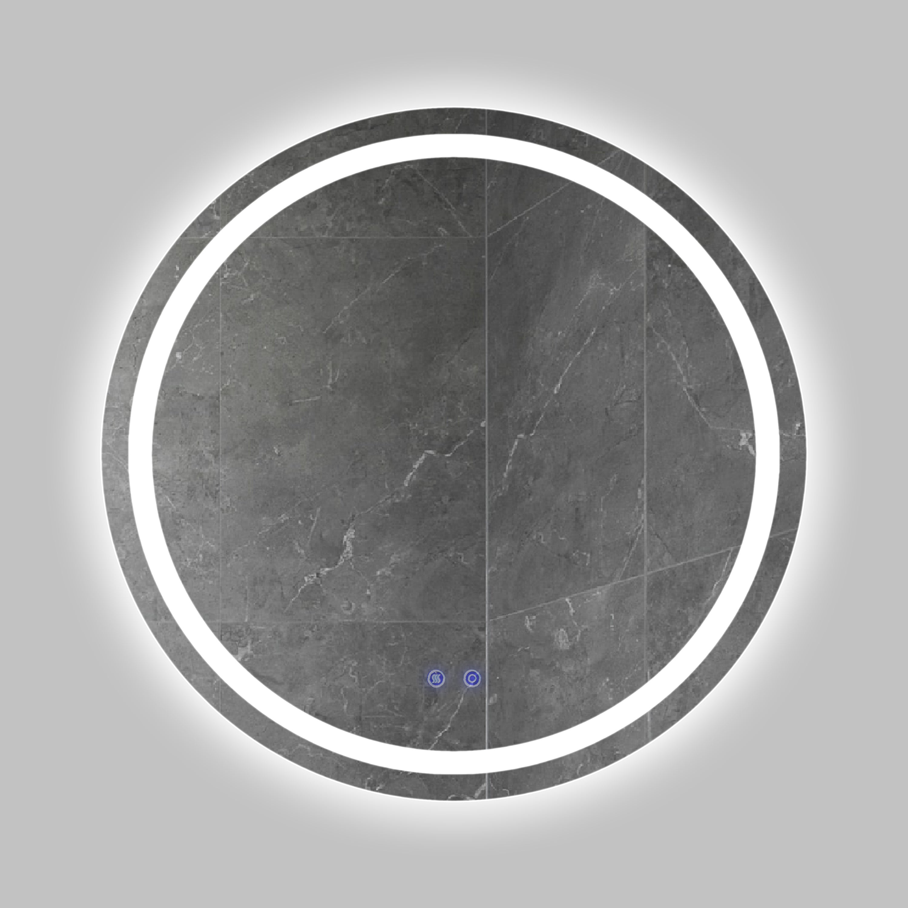 32 x 32 Inch Round Frameless LED Illuminated Bathroom Mirror, Touch Button Defogger, Metal, Frosted Edges, Silver