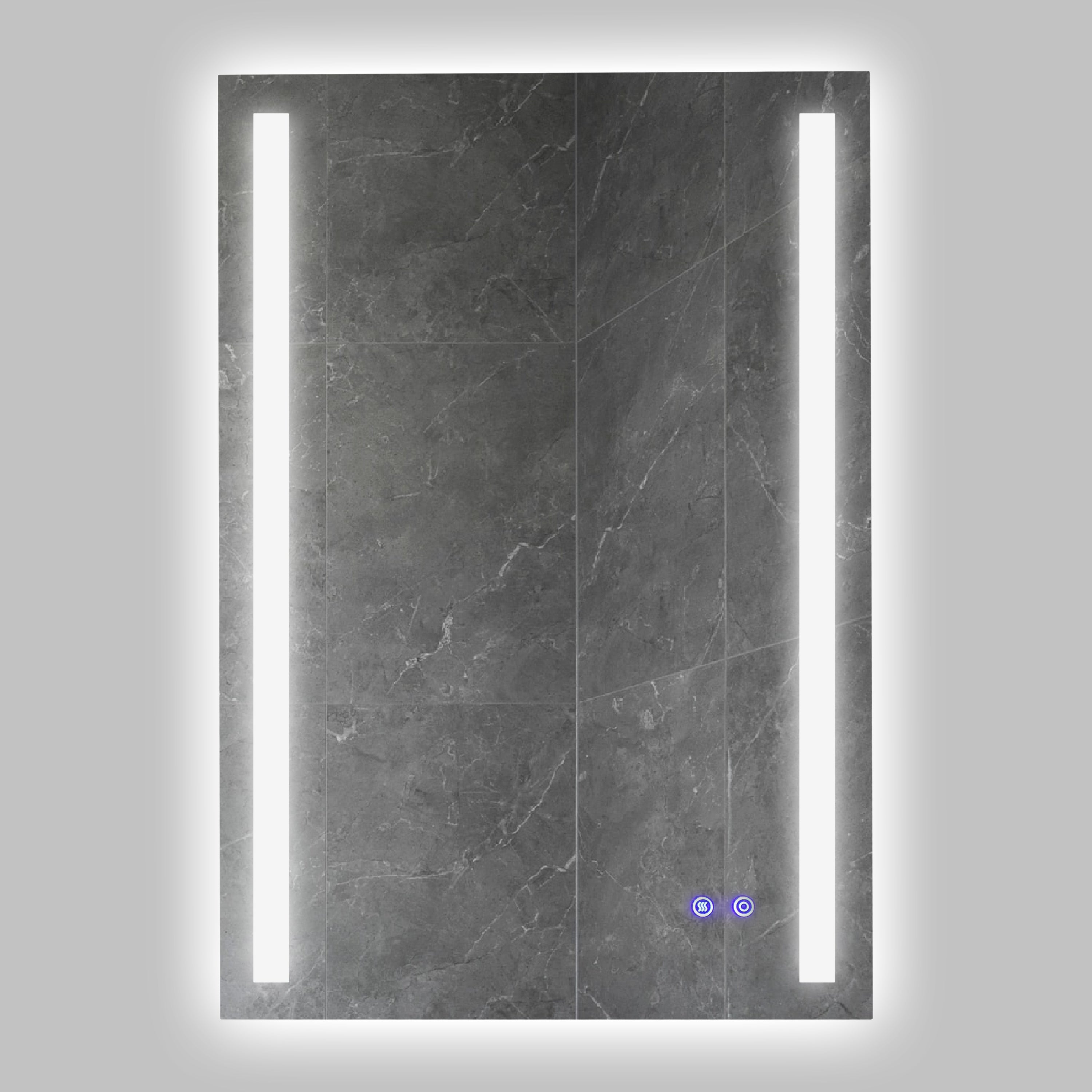 24 x 36 Inch Frameless LED Illuminated Bathroom Mirror, Touch Button Defogger, Metal, Vertical Stripes Design, Silver