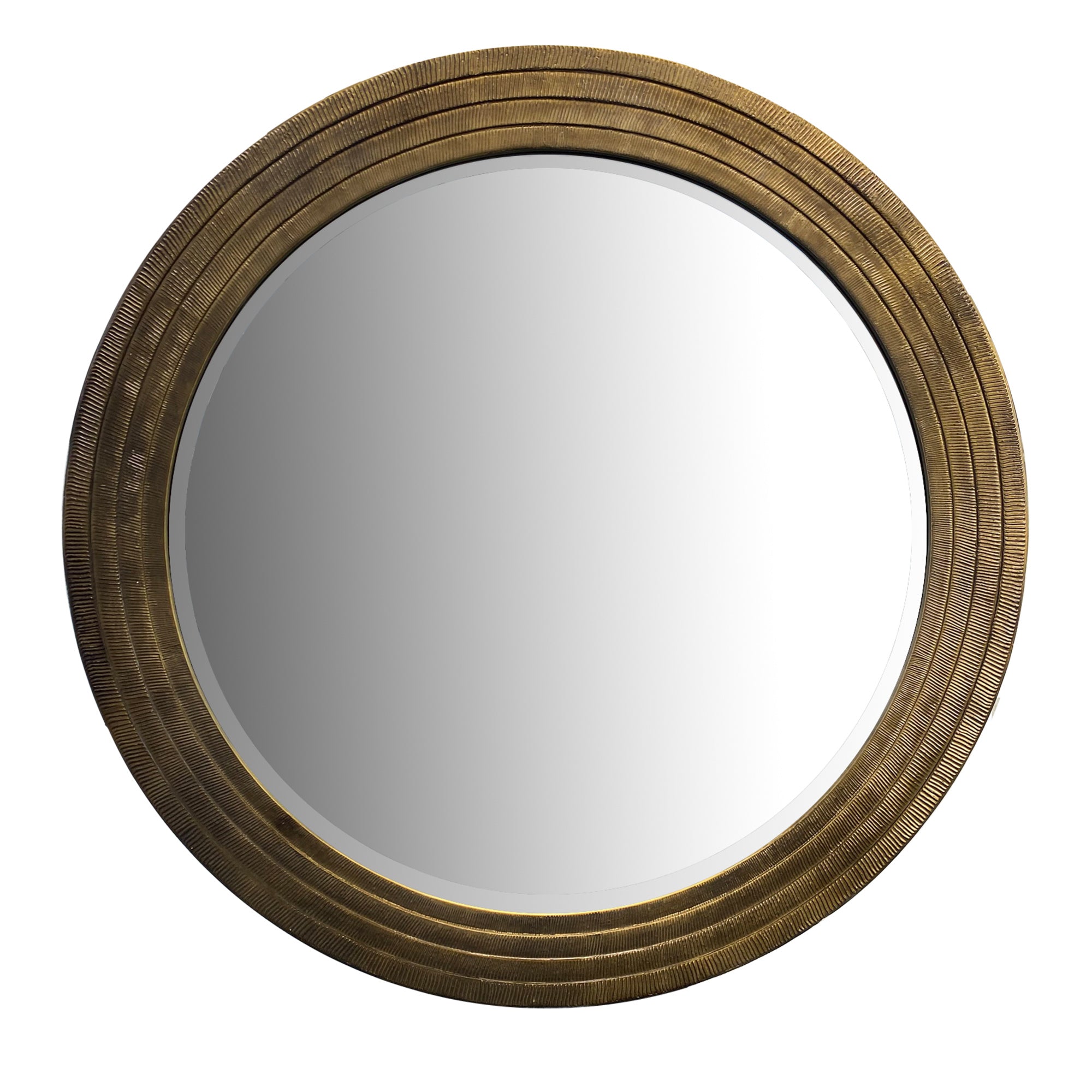 Round Layered Wooden Frame Decor Wall Mirror with Hand Carved Texture, Brown