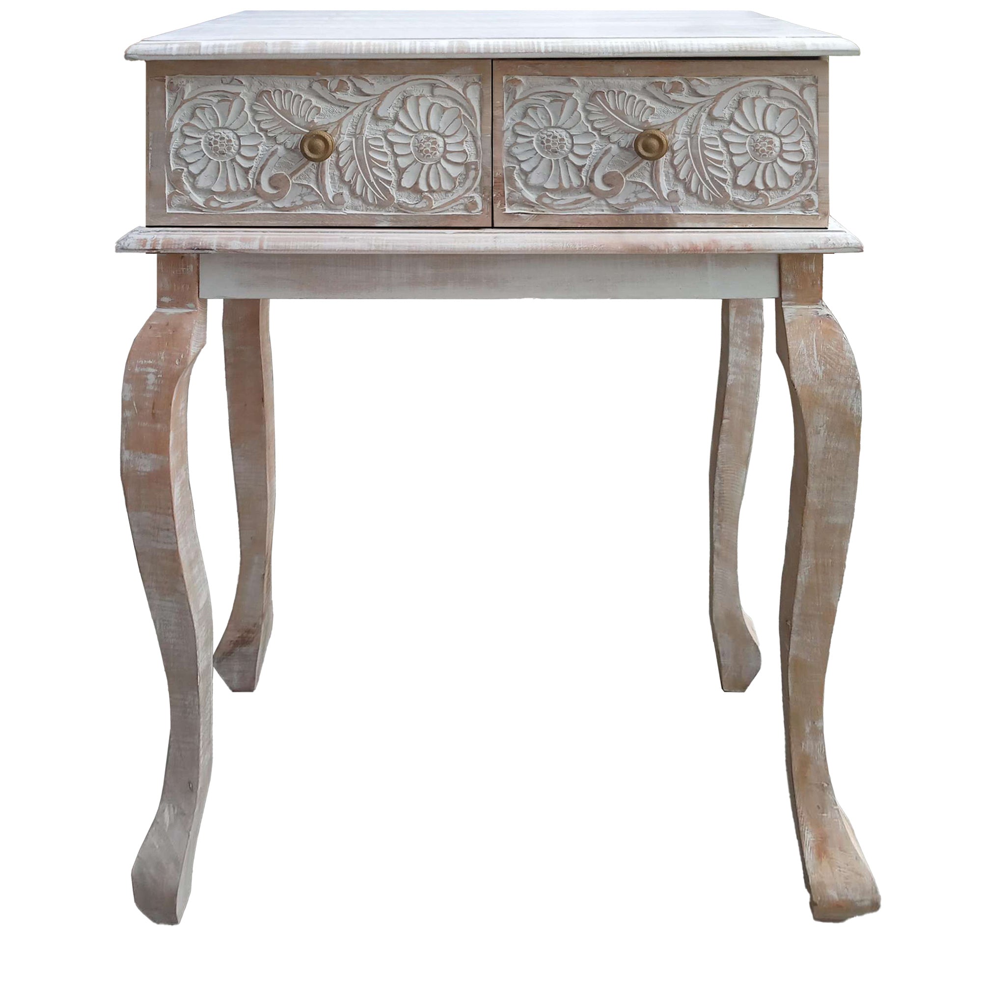 2 Drawer Mango Wood Console Table with Floral Carved Front, Brown and White