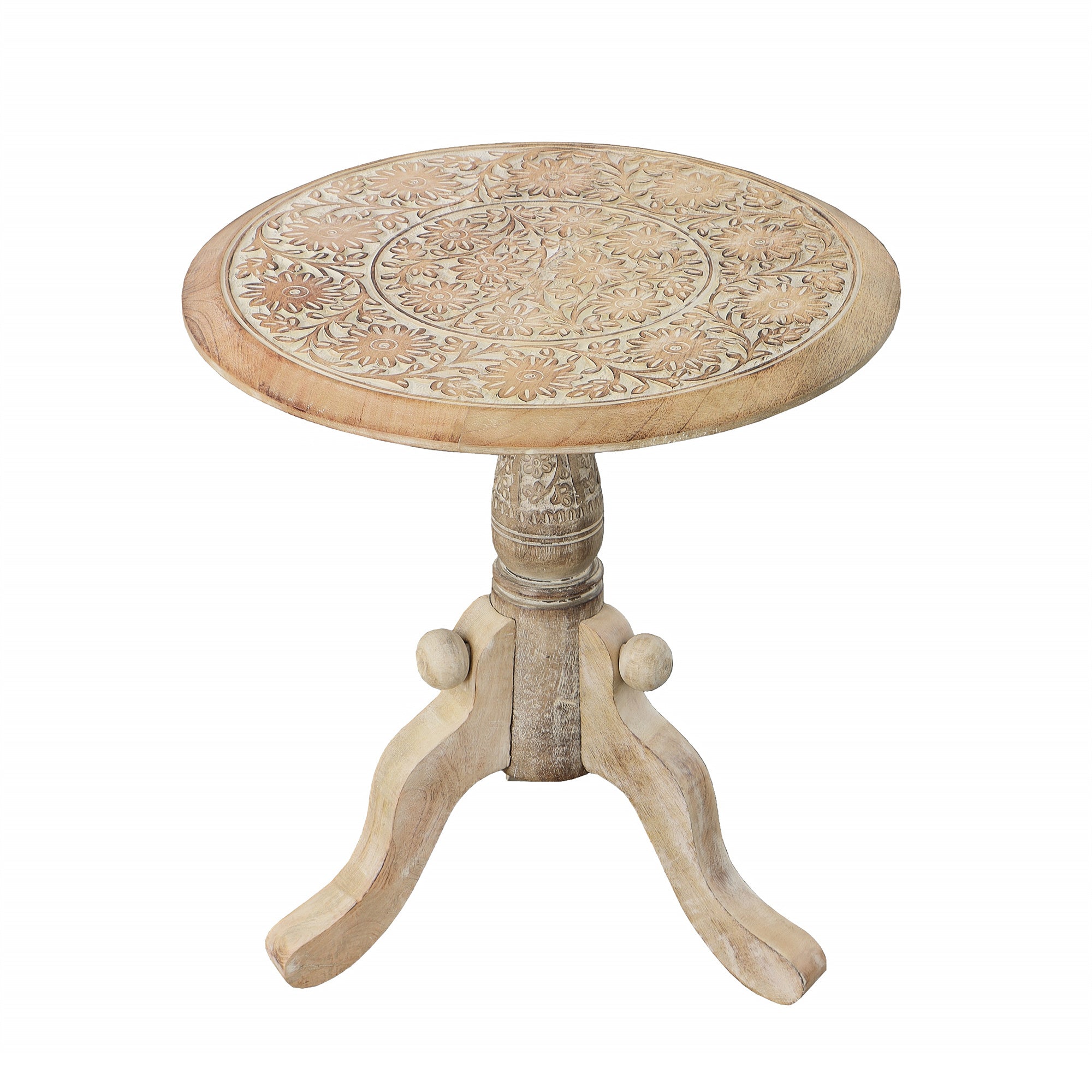 Intricately Carved Round Top Mango Wood Side End Table with Pedestal Base, Brown and White