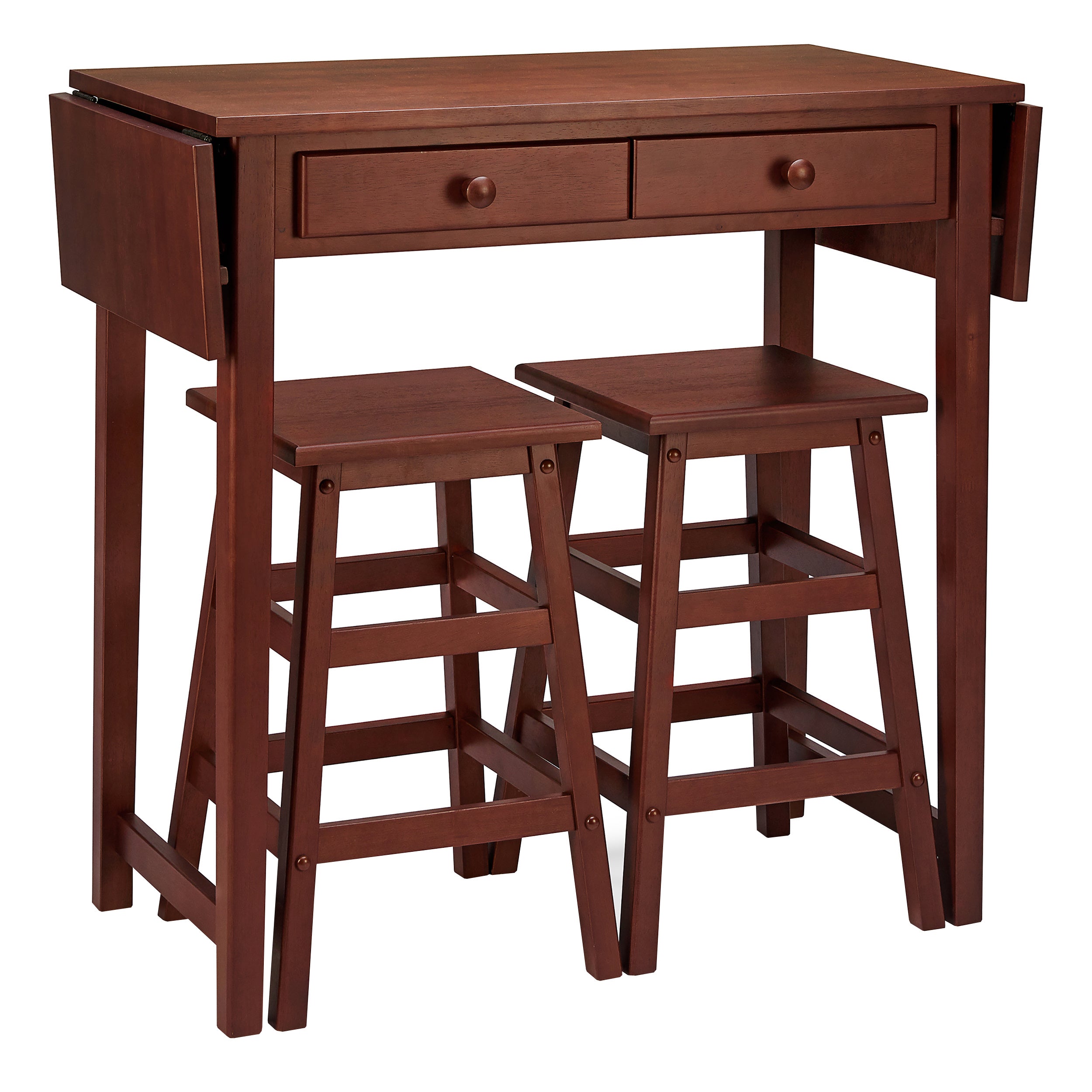 3 Piece Handcrafted Kitchen Island Breakfast Table Set, 2 Drawers, Rubberwood, Stools, Walnut Brown