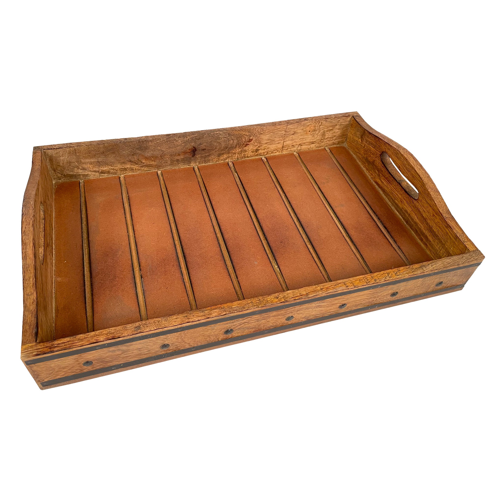 18 Inch Handcrafted Rectangular Mango Wood Decorative Serving Tray, Rivet Accents, Metal Trim, Natural Brown