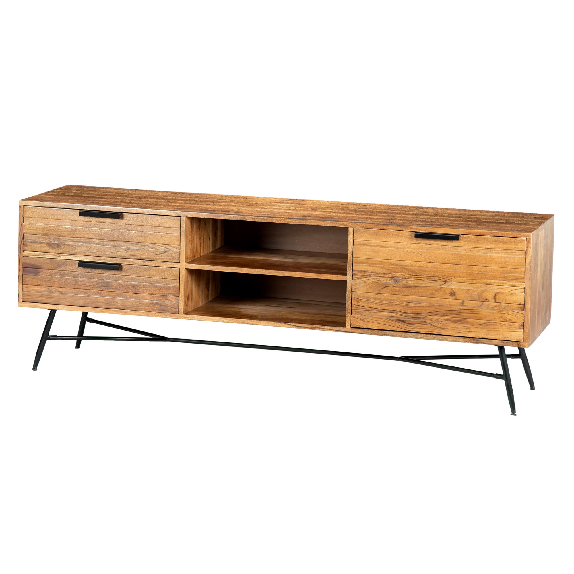 Roomy Wooden Media Console with Slanted Metal Base, Brown and Black