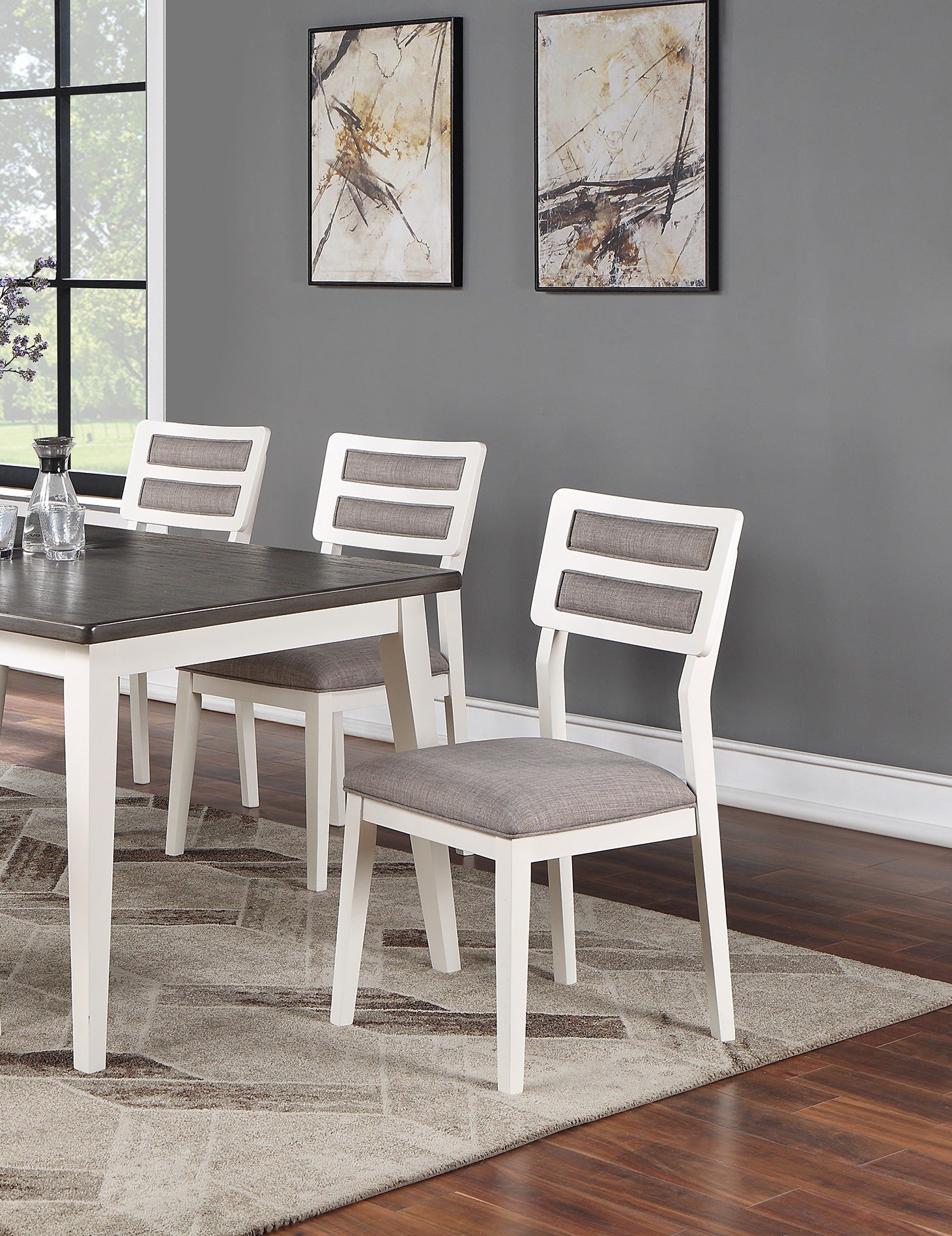 Beautiful Unique Set of 2 Side Chairs White And Grey Kitchen Dining Room Furniture Ladder back Design Chairs Cushion Upholstered