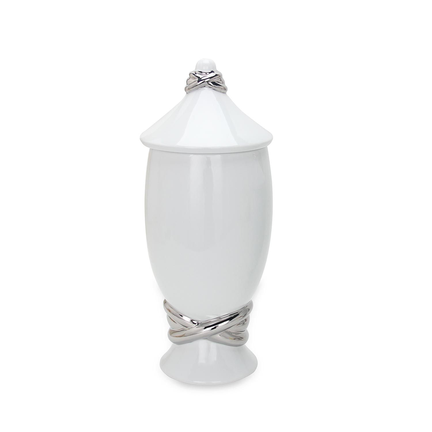 White Ceramic Decorative Jar with Silver Accent and Lid